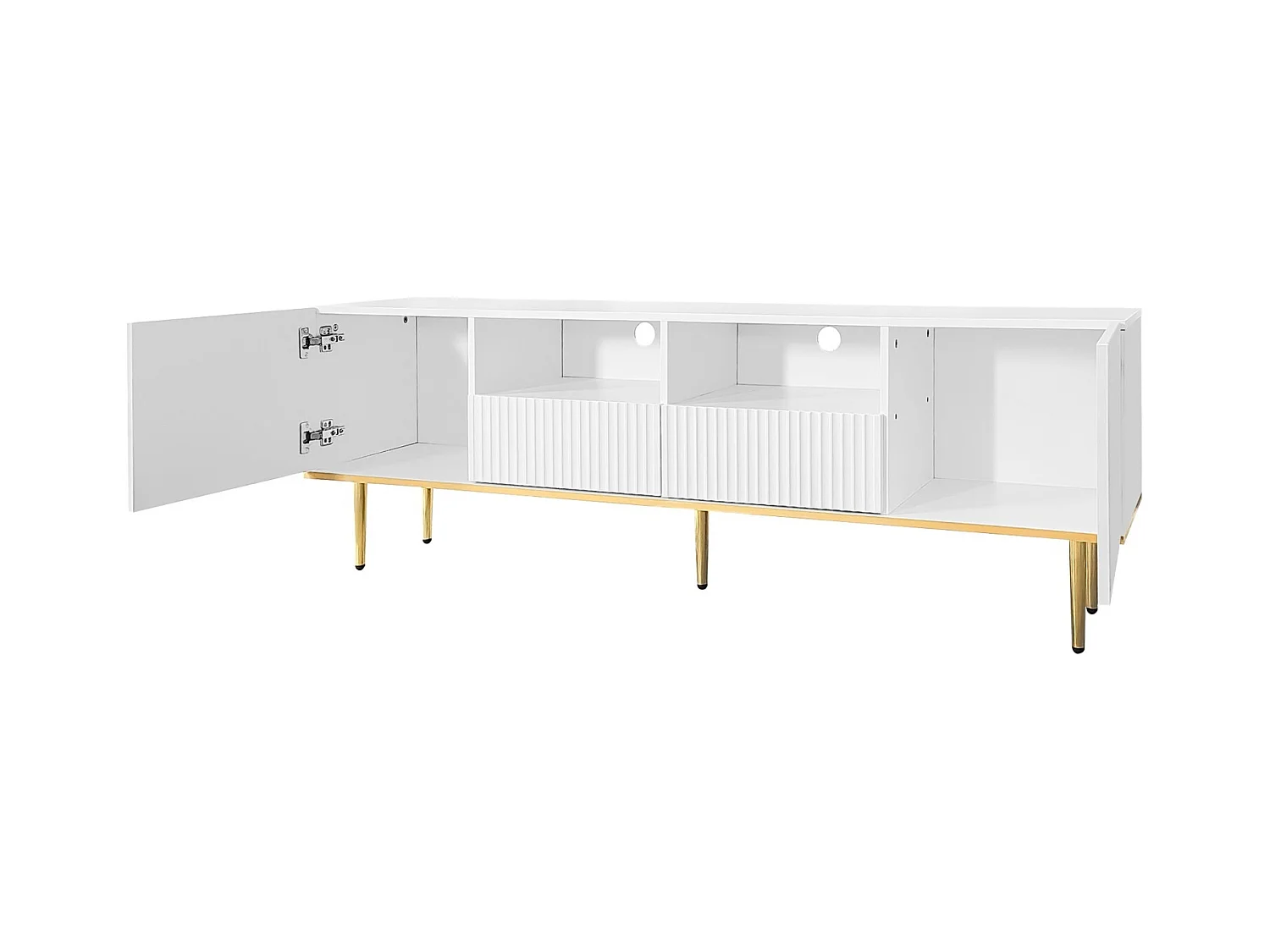 Mueble de TV bajo con 2 cajones y 2 puertas, espacio de almacenamiento con patas y borde dorados, mueble de TV blanco