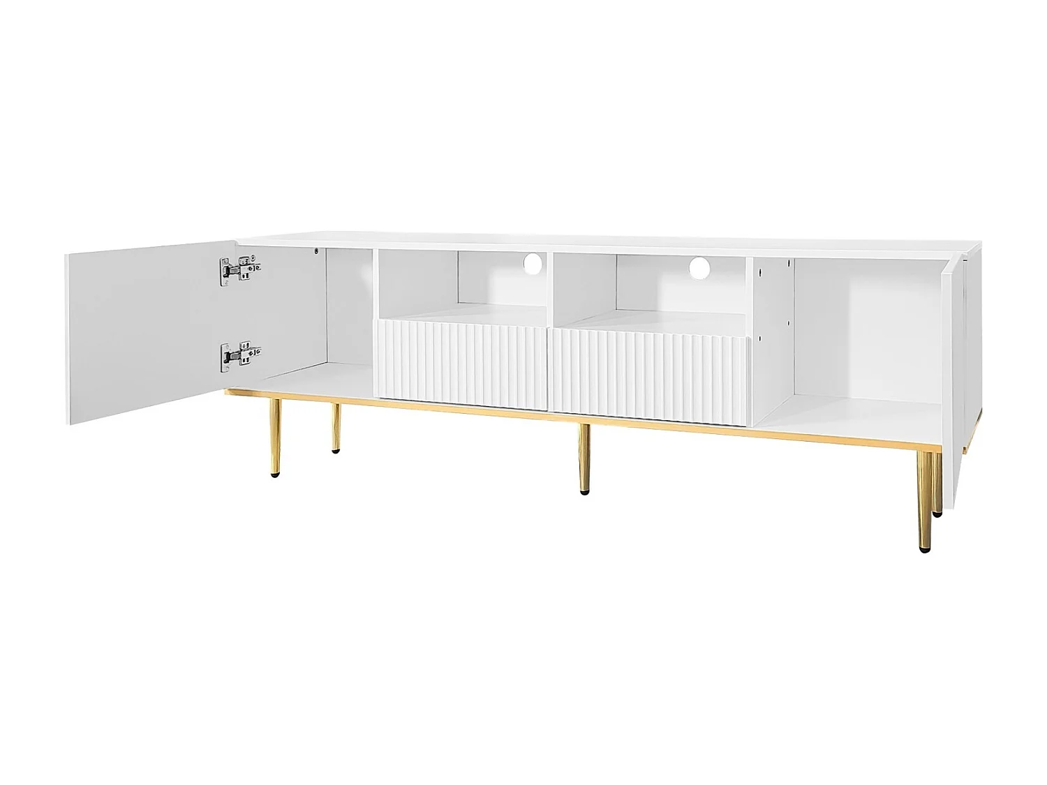 Meuble TV Bas avec 2 tiroirs et 2 Portes, Rangement avec des Pieds et Un Bord dorés, Banc TV Blanc