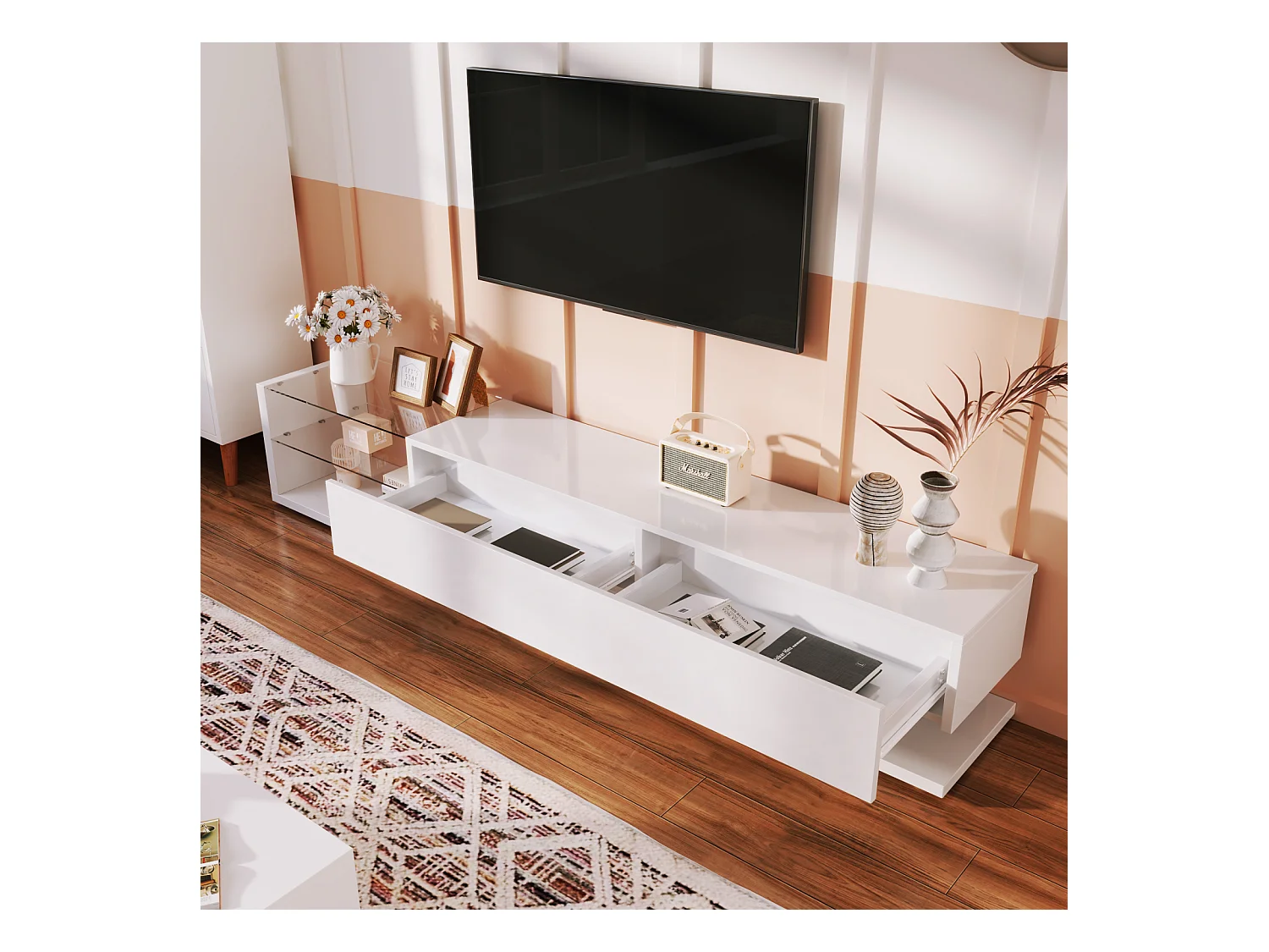 Meuble TV bas avec LED, avec support en verre et 2 grands tiroirs, Pour salon, salle à manger, Blanc