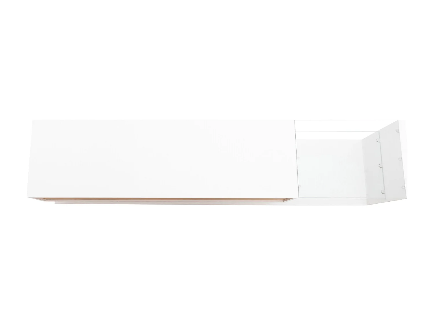 Móveis de TV, painéis baixos, divisórias de vidro branco brilhante e iluminação LED variável. Combina um estilo natural e rústico com um design moderno.