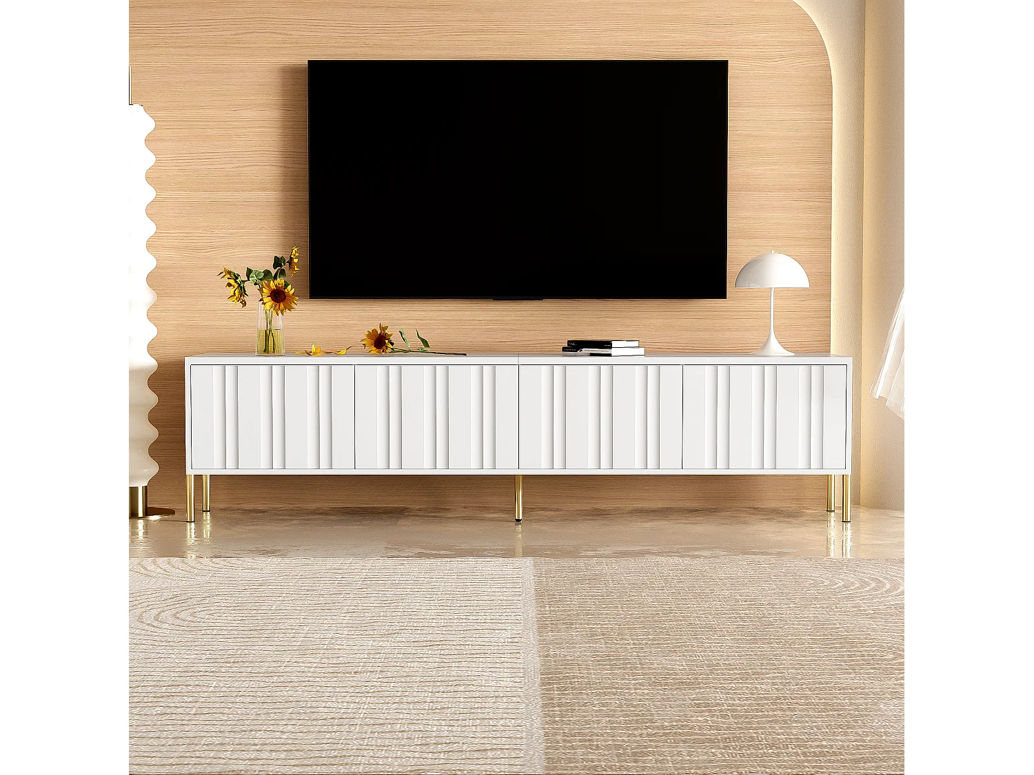 Witte tv-standaard, tv-meubel van 190 cm met 4 deuren, tv-meubel met gouden poten, deuren met groeven.