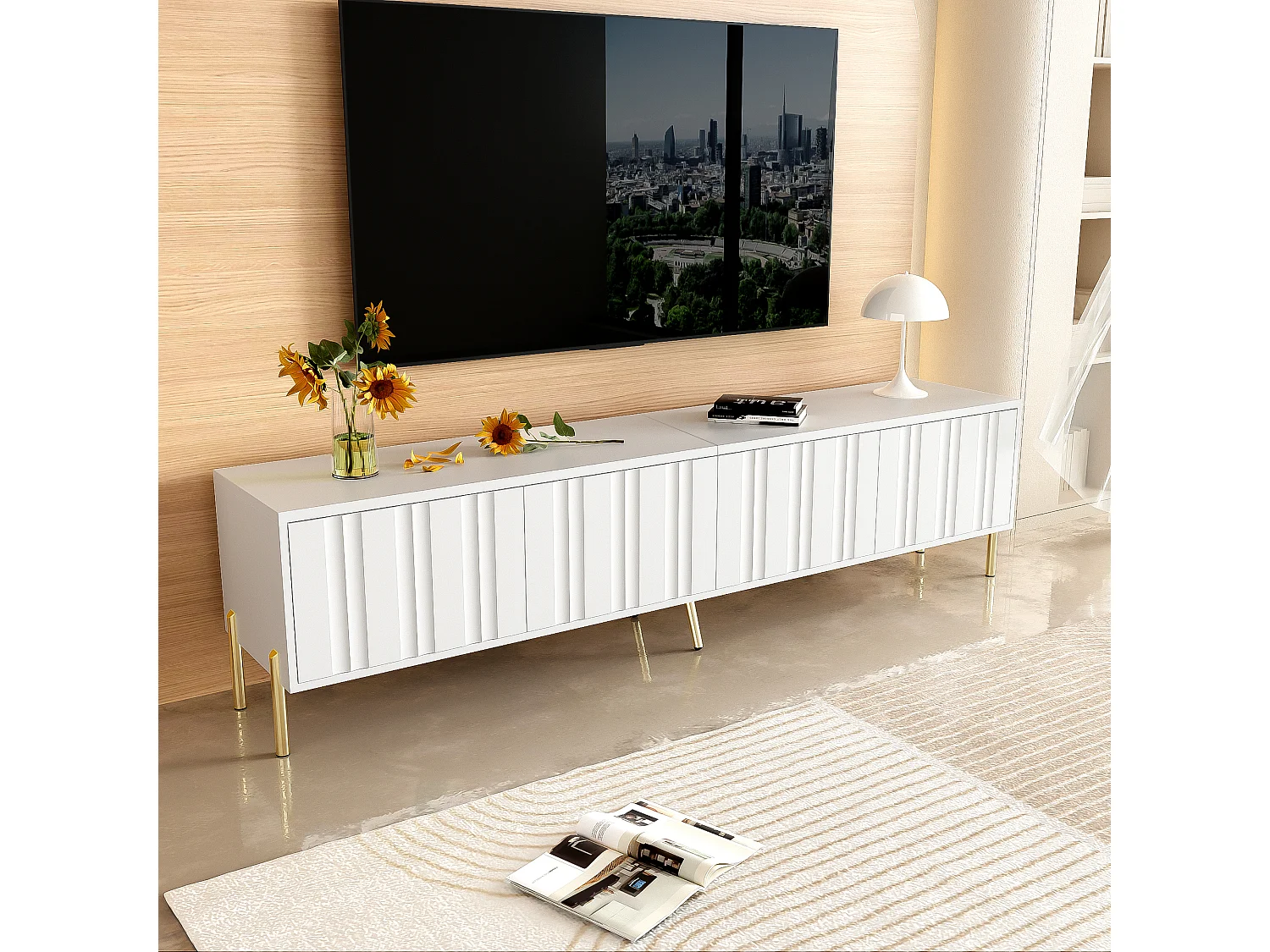 Witte tv-standaard, tv-meubel van 190 cm met 4 deuren, tv-meubel met gouden poten, deuren met groeven.