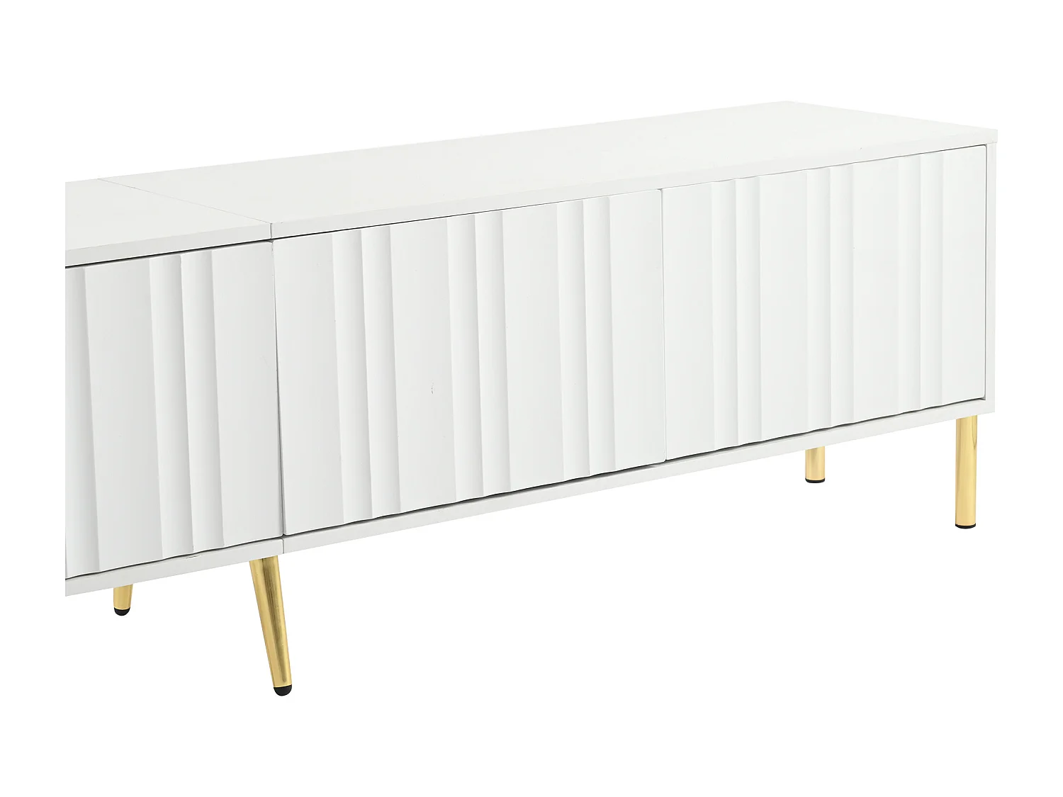 Witte tv-standaard, tv-meubel van 190 cm met 4 deuren, tv-meubel met gouden poten, deuren met groeven.