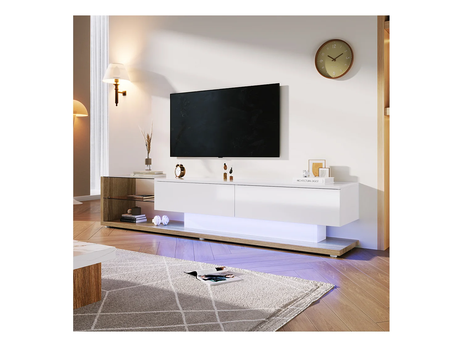 Armoire TV blanche avec tiroirs, buffet TV avec LED et étagères en verre, meuble TV pour salon