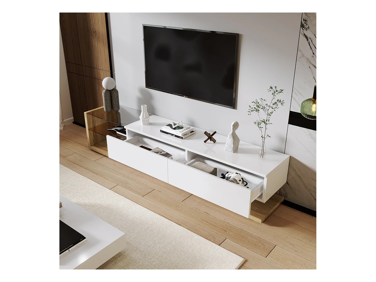 Armoire TV blanche avec tiroirs, buffet TV avec LED et étagères en verre, meuble TV pour salon