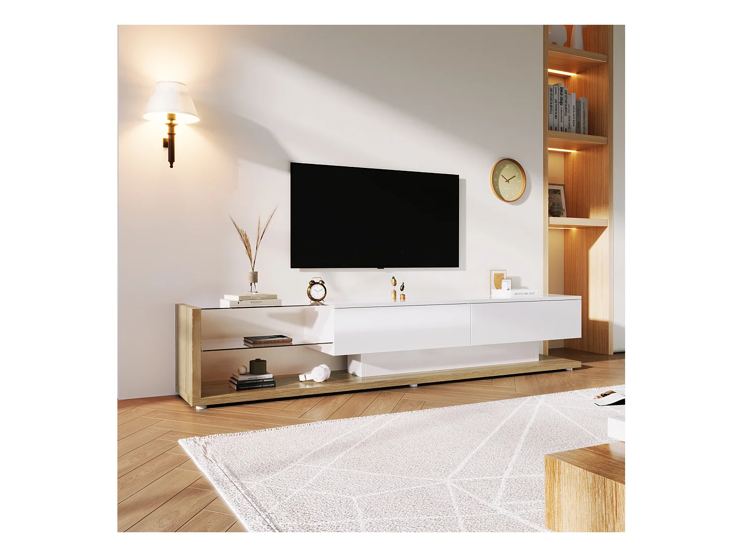 Armoire TV blanche avec tiroirs, buffet TV avec LED et étagères en verre, meuble TV pour salon