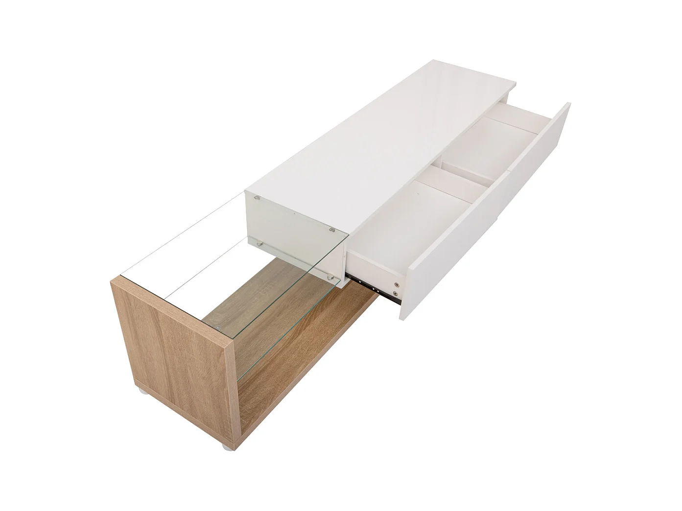 Armoire TV blanche avec tiroirs, buffet TV avec LED et étagères en verre, meuble TV pour salon