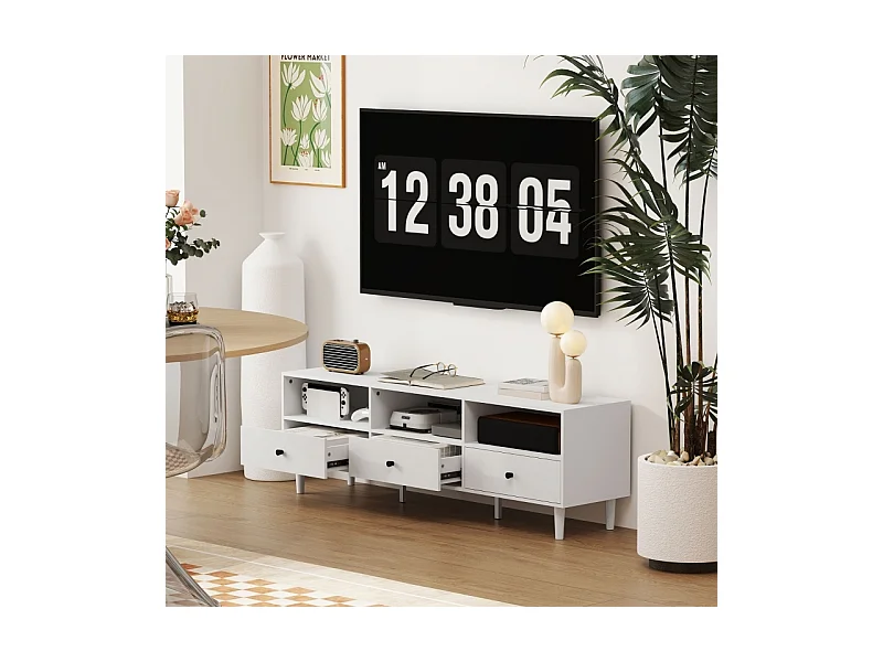 Meuble TV Meuble télé Bois Banc TV, avec 3 tiroirs, pour Chambre à Coucher Salon, 140 cm, Blanc