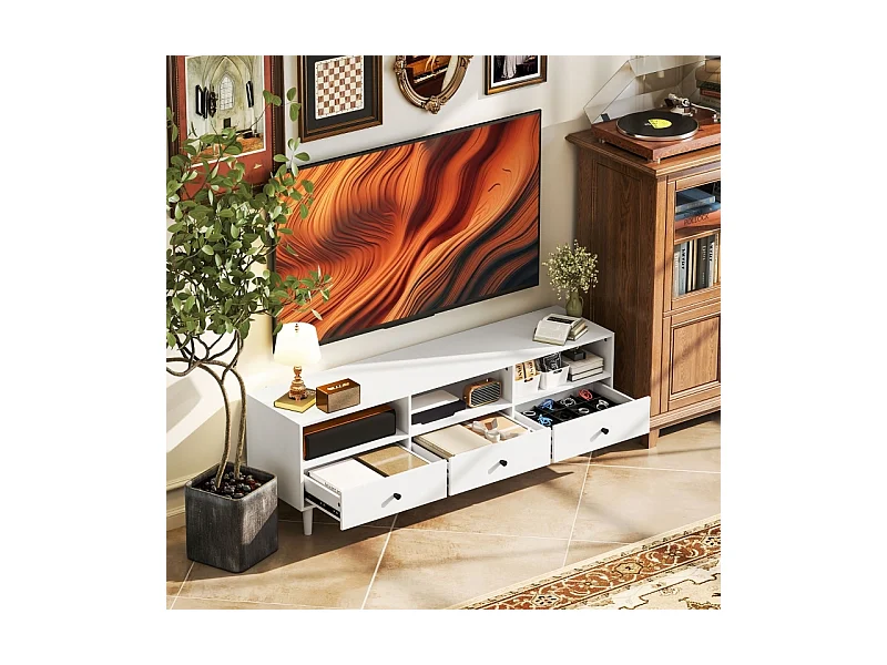 Meuble TV Meuble télé Bois Banc TV, avec 3 tiroirs, pour Chambre à Coucher Salon, 140 cm, Blanc