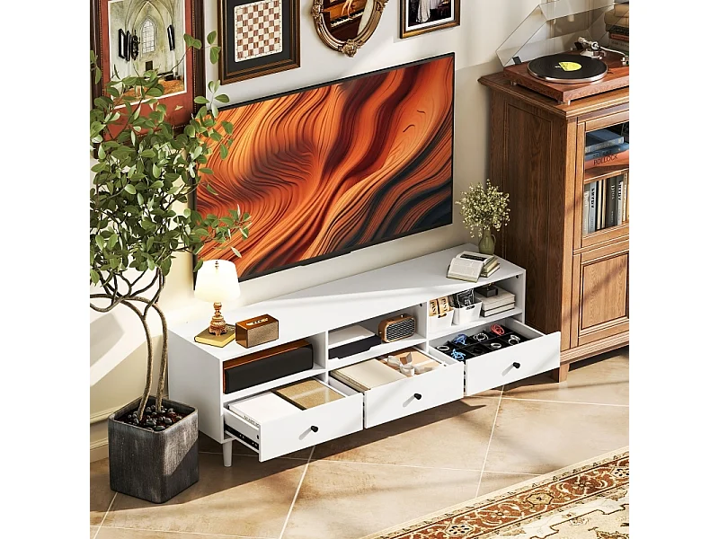 Meuble TV Meuble télé Bois Banc TV, avec 3 tiroirs, pour Chambre à Coucher Salon, 140 cm, Blanc