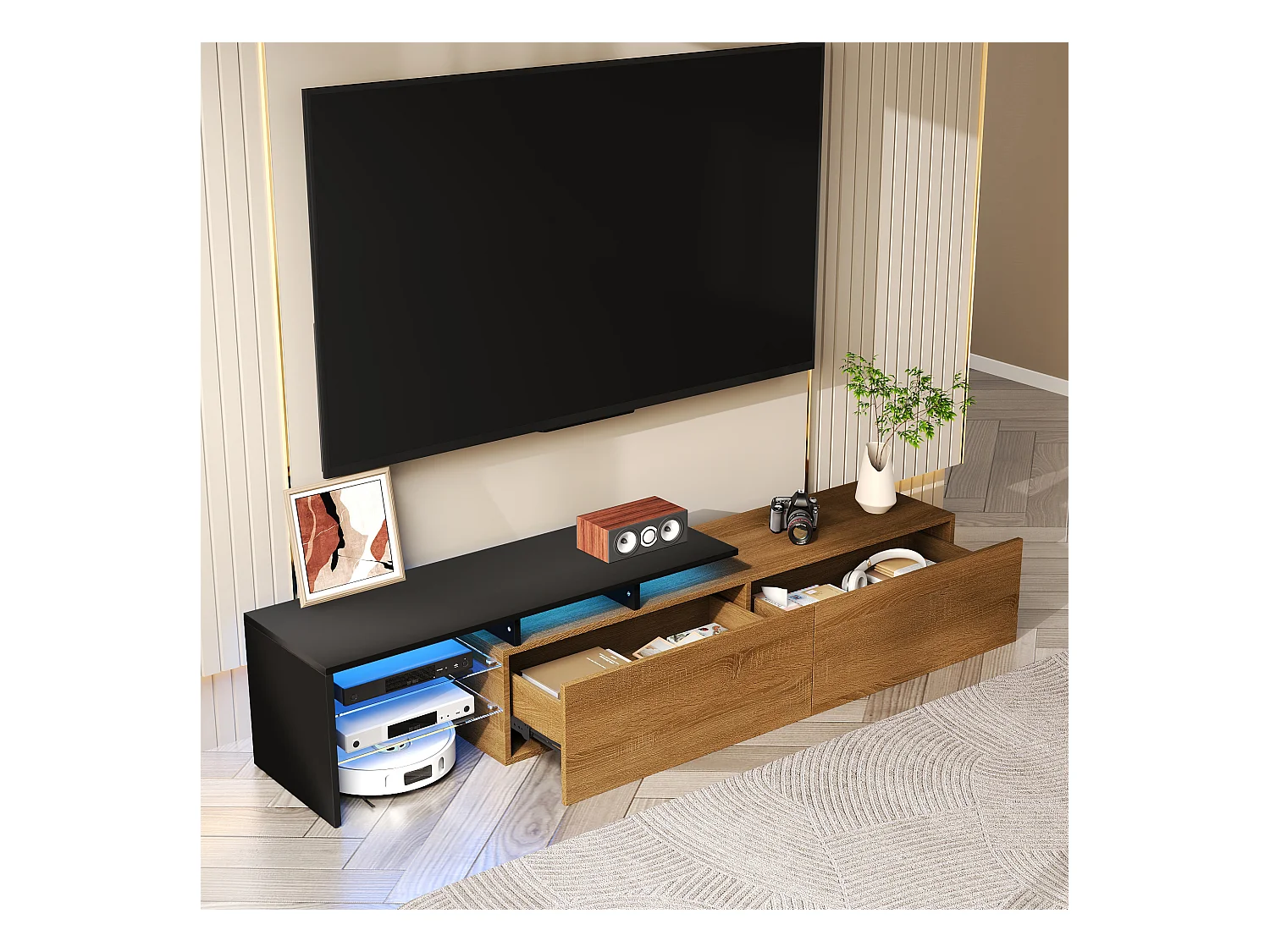 Meuble TV Moderne 160 cm avec LED, 3 Portes,Meuble Télévision Design pour Salon, Natural + Black