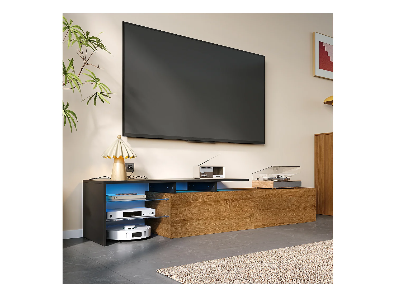 Mueble de TV moderno de 160 cm con LED, 3 puertas, mueble de TV de diseño para salón, color natural y negro