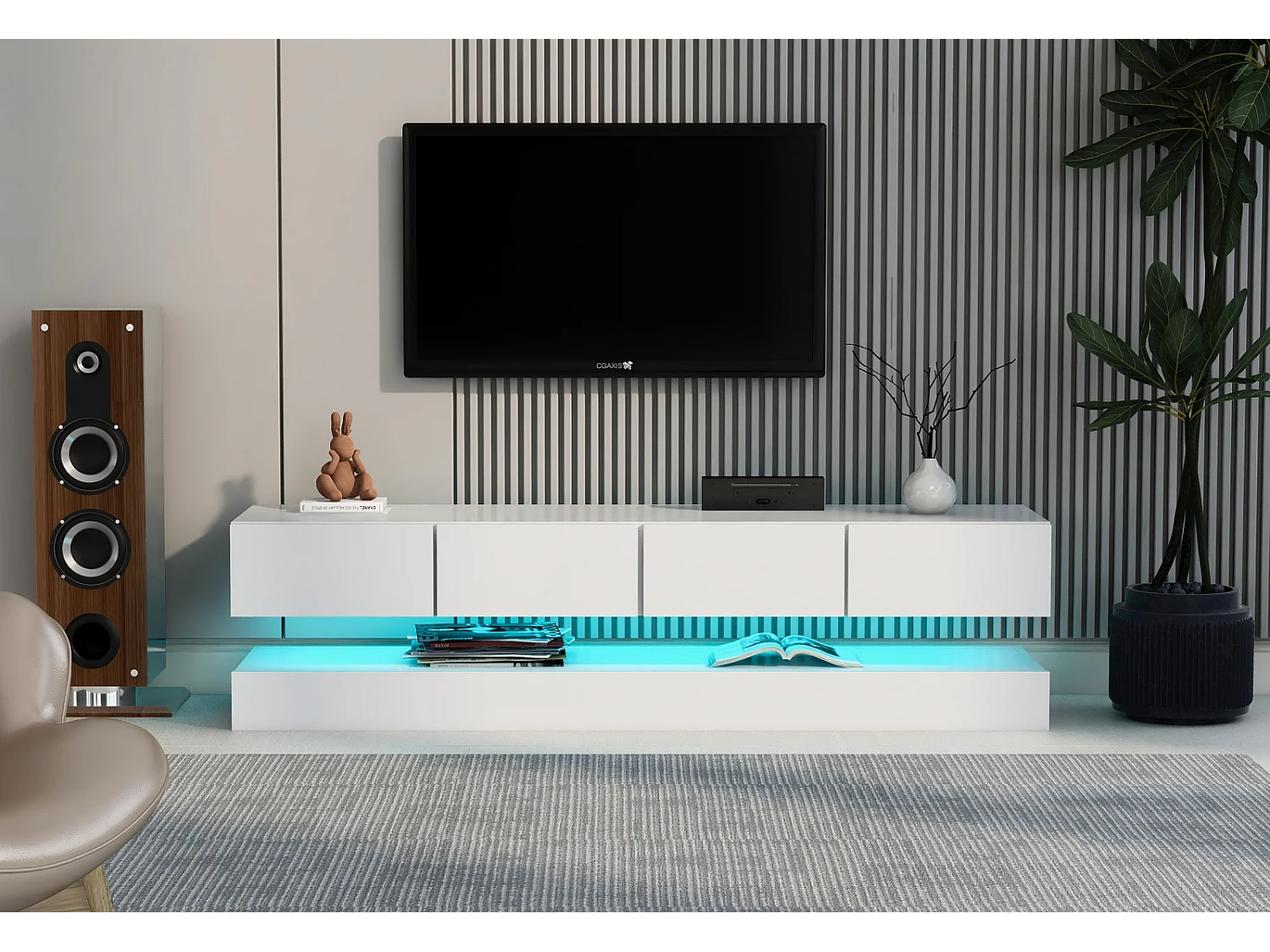 Mueble de TV bajo de pared con iluminación LED de 16 colores, soporte para TV con 4 cajones grandes, color blanco