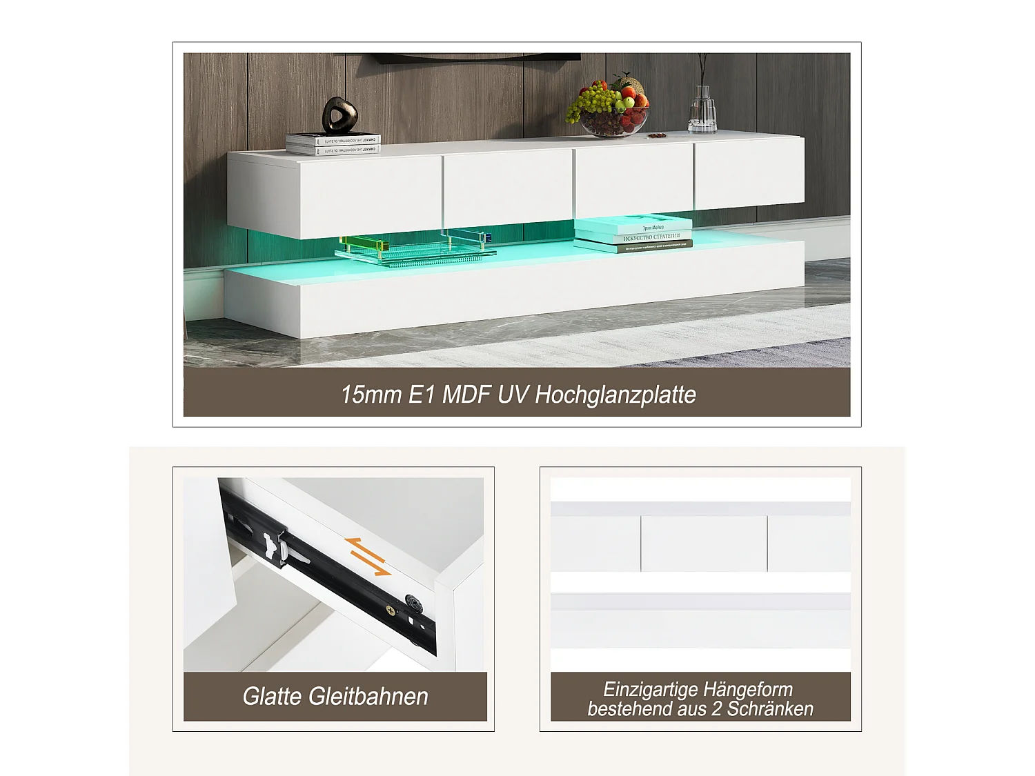 Mueble de TV bajo de pared con iluminación LED de 16 colores, soporte para TV con 4 cajones grandes, color blanco