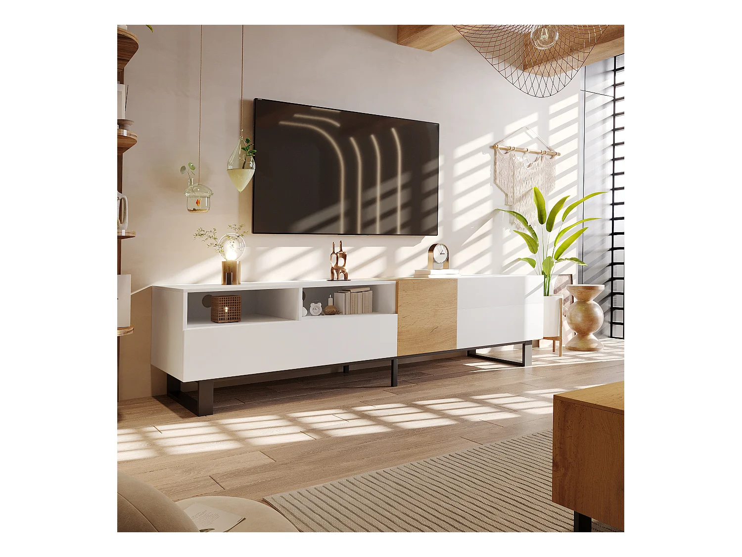 Meuble Télé de Salon avec 2 Portes, 2 Tiroirs et 2 Compartiments, avec Pieds en Métal, Blanc + Bois