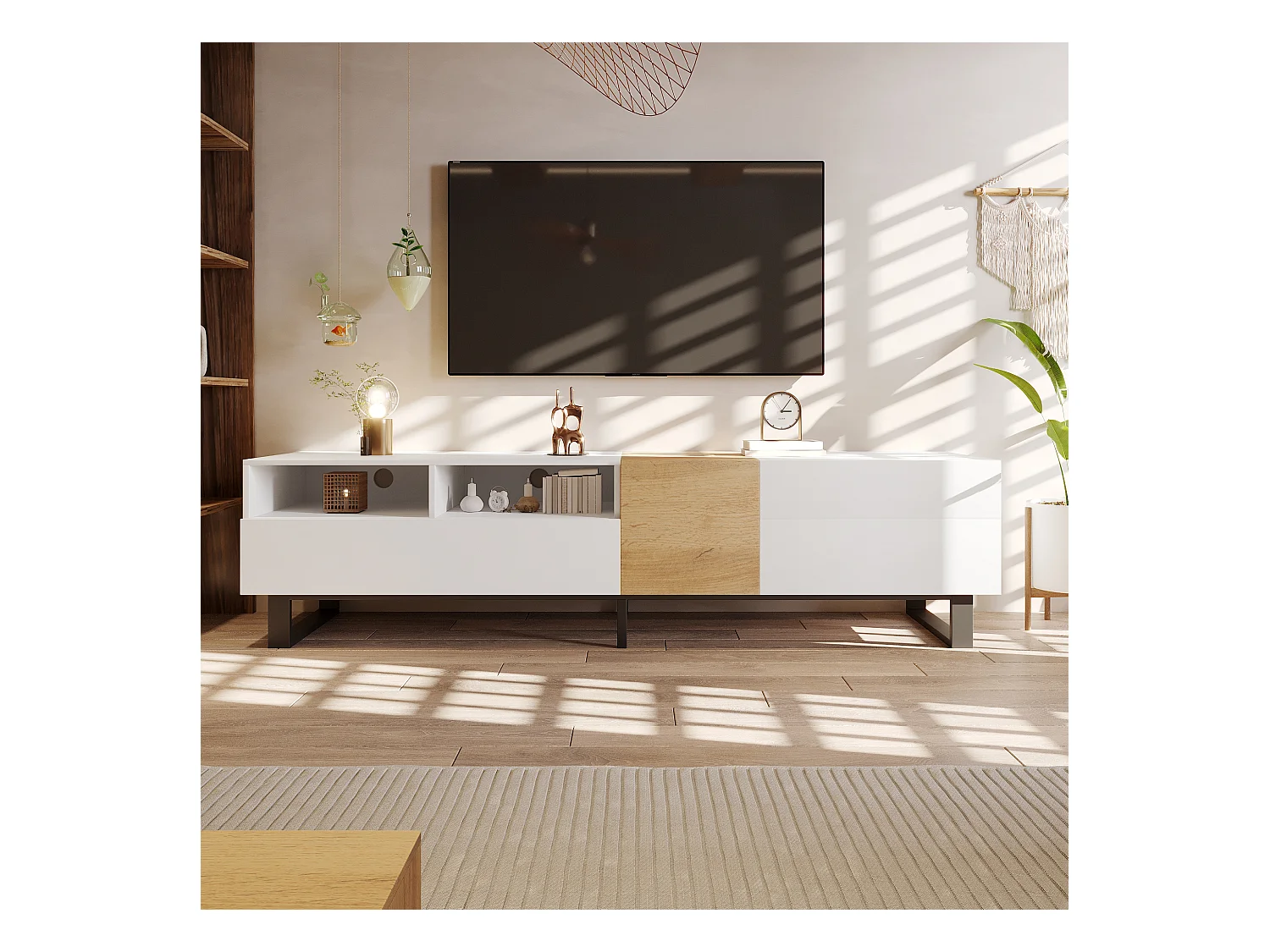 Meuble Télé de Salon avec 2 Portes, 2 Tiroirs et 2 Compartiments, avec Pieds en Métal, Blanc + Bois