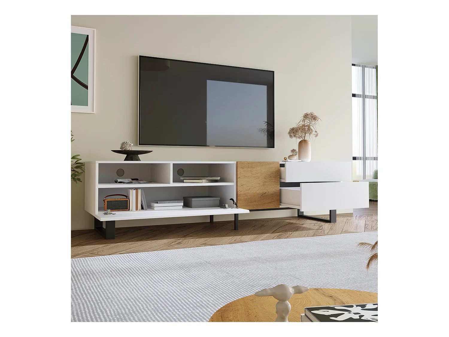 Meuble Télé de Salon avec 2 Portes, 2 Tiroirs et 2 Compartiments, avec Pieds en Métal, Blanc + Bois