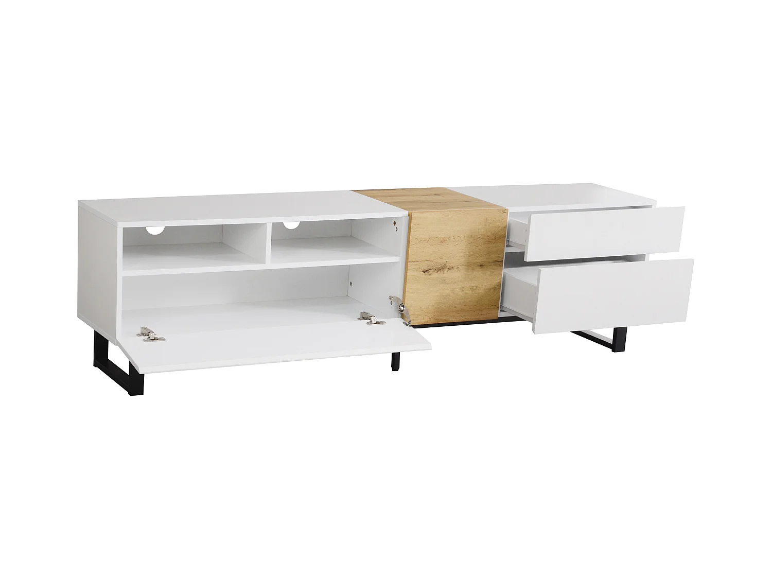 Meuble Télé de Salon avec 2 Portes, 2 Tiroirs et 2 Compartiments, avec Pieds en Métal, Blanc + Bois