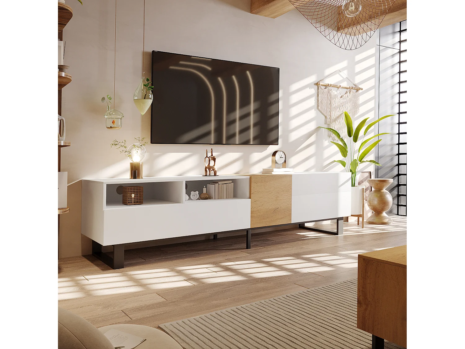 Meuble Télé de Salon avec 2 Portes, 2 Tiroirs et 2 Compartiments, avec Pieds en Métal, Blanc + Bois