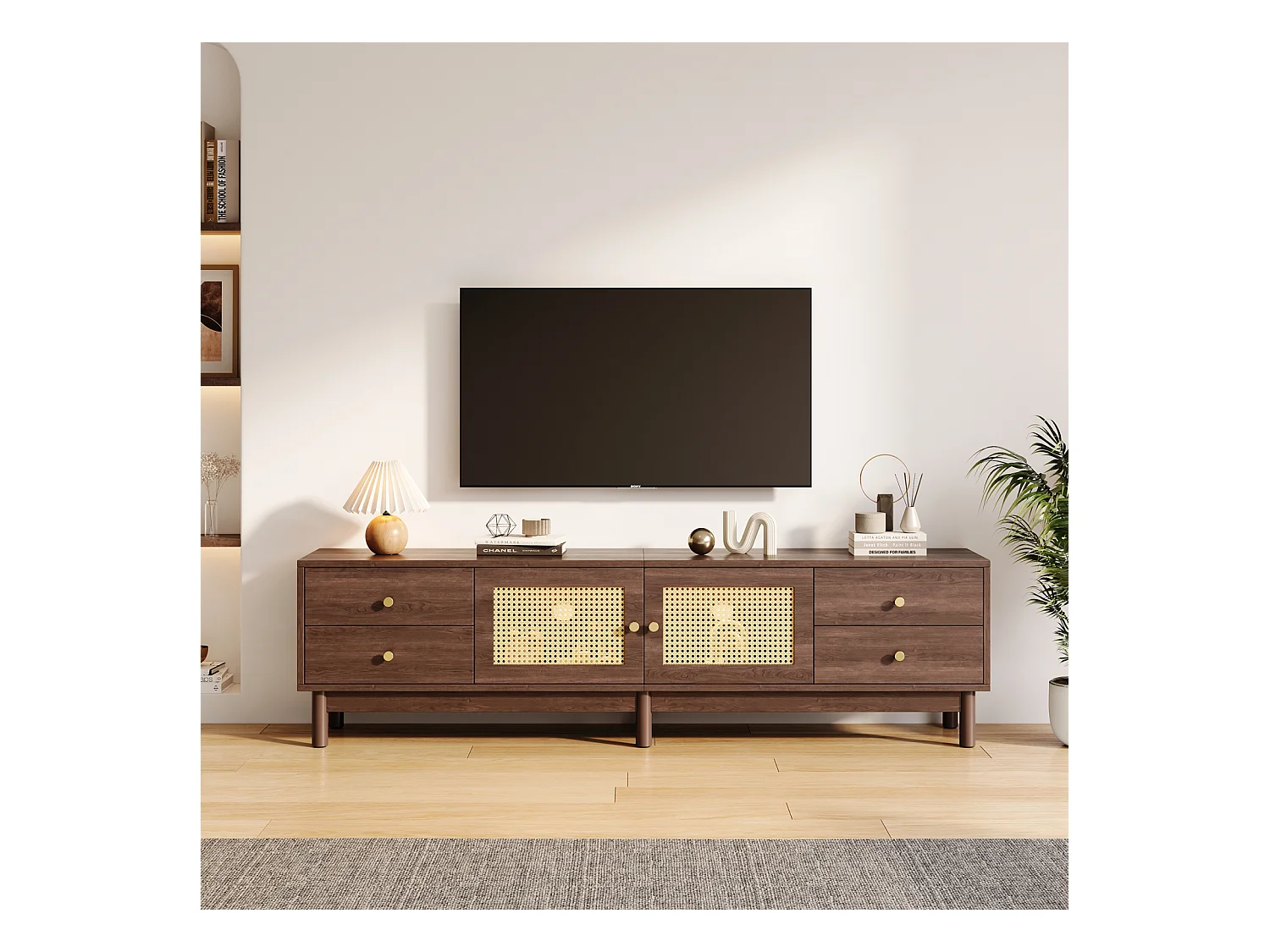 Meuble TV, 180 cm de Long en Bois foncé avec Deux Portes en rotin, Quatre tiroirs