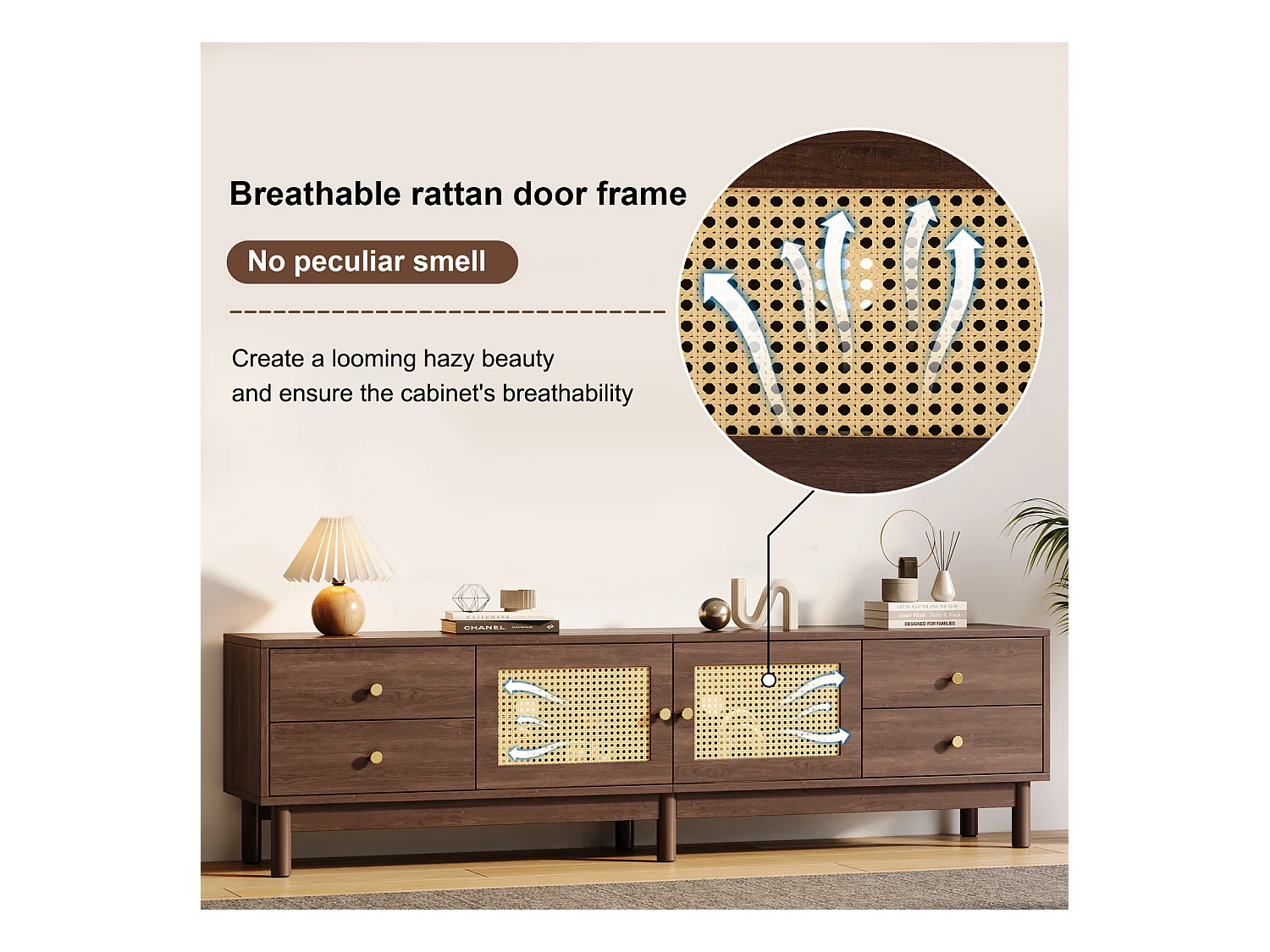 Meuble TV, 180 cm de Long en Bois foncé avec Deux Portes en rotin, Quatre tiroirs