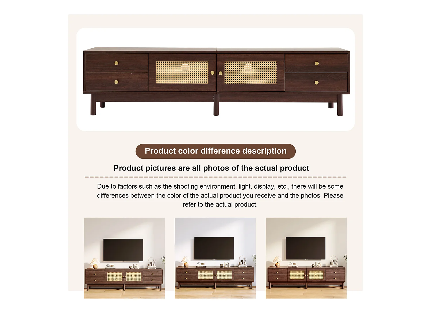 Meuble TV, 180 cm de Long en Bois foncé avec Deux Portes en rotin, Quatre tiroirs