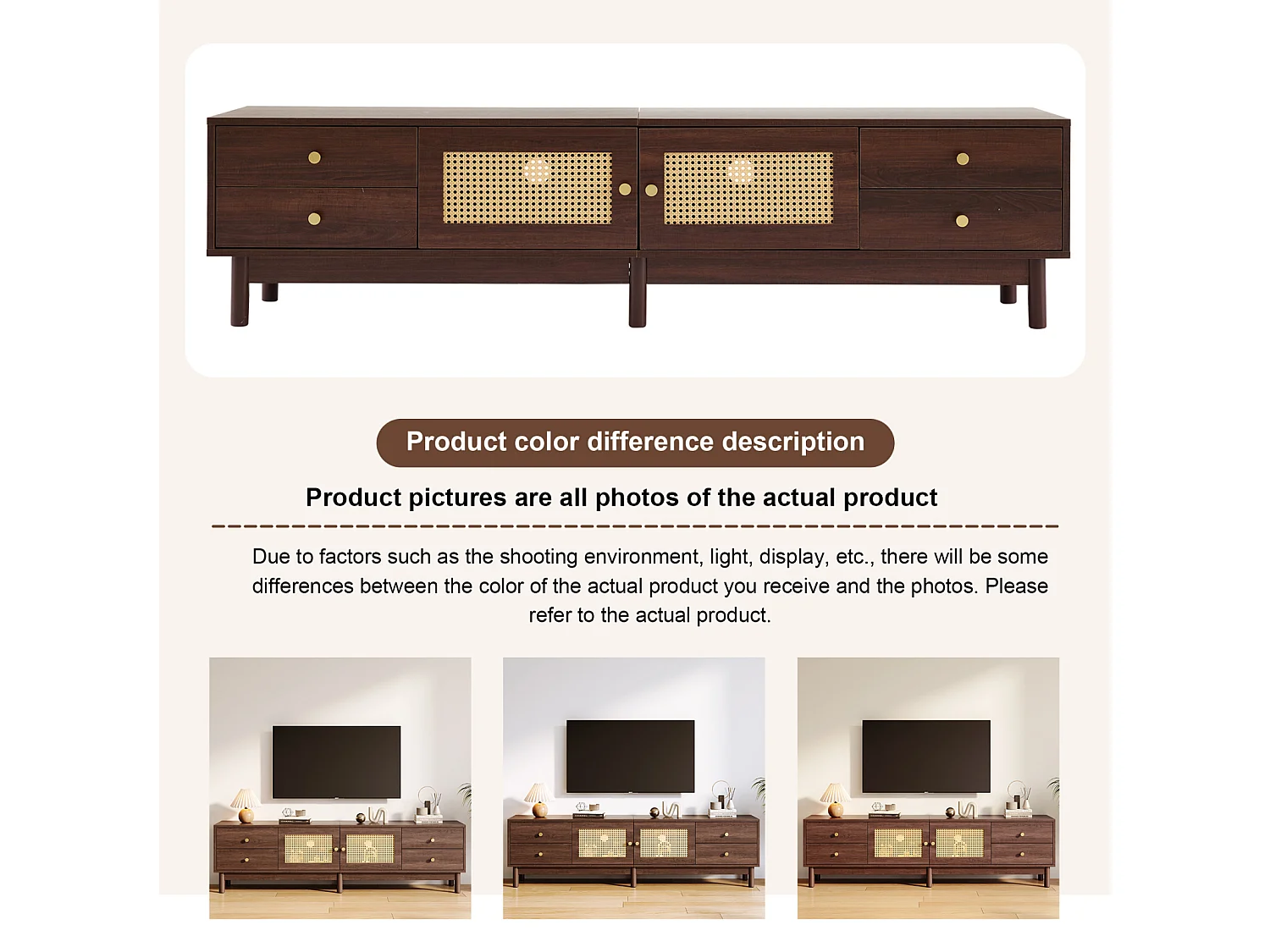 Meuble TV, 180 cm de Long en Bois foncé avec Deux Portes en rotin, Quatre tiroirs