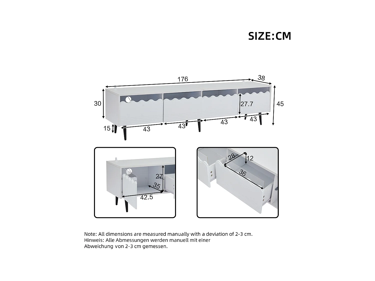 Meuble TV - 176x38x45cm Lowboard avec 6 Pieds de Support - avec 2 tiroirs et 2 armoires - Blanc
