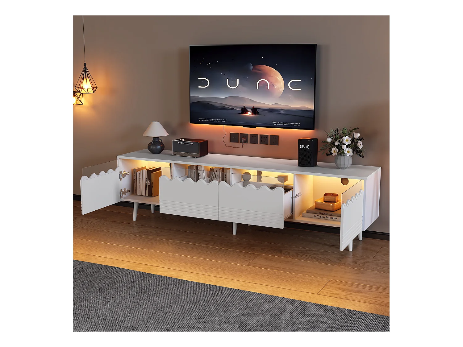 Meuble TV - 176x38x45cm Lowboard avec 6 Pieds de Support - avec 2 tiroirs et 2 armoires - Blanc