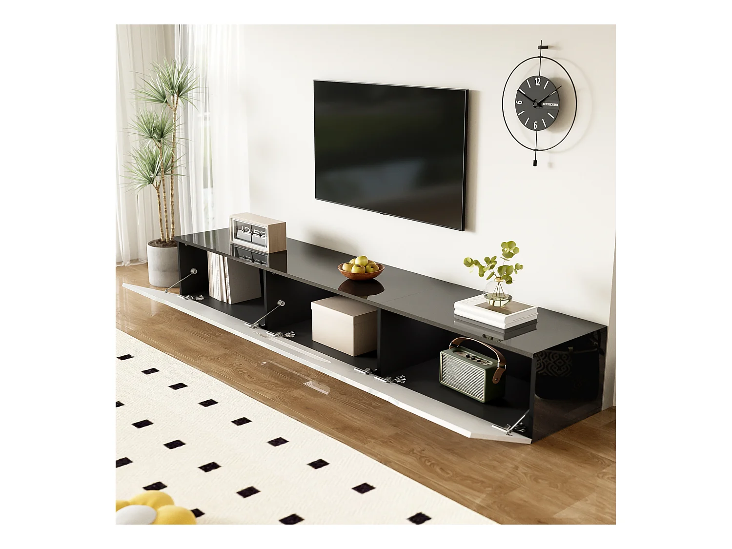 Meuble TV Bas avec LED, avec 3 Cabinets, Suspendu ou au Sol, pour Salon,180 x30x30cm, Blanc Brillant