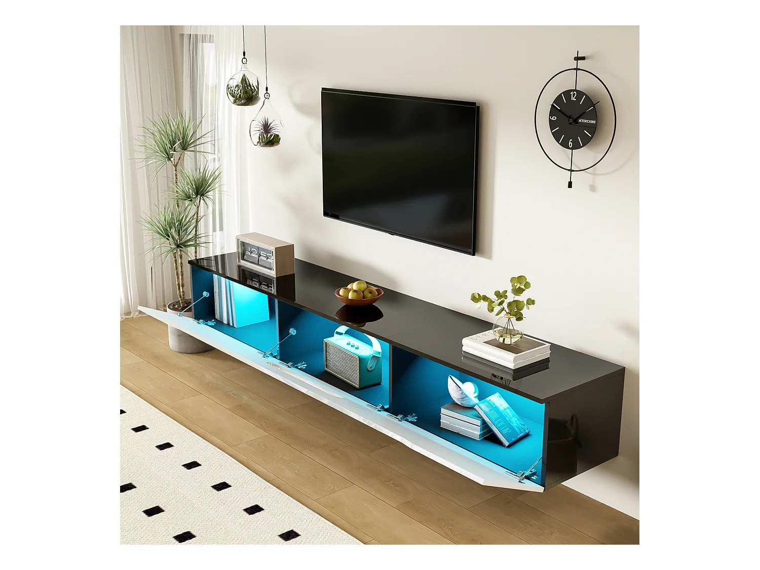 Meuble TV Bas avec LED, avec 3 Cabinets, Suspendu ou au Sol, pour Salon,180 x30x30cm, Blanc Brillant