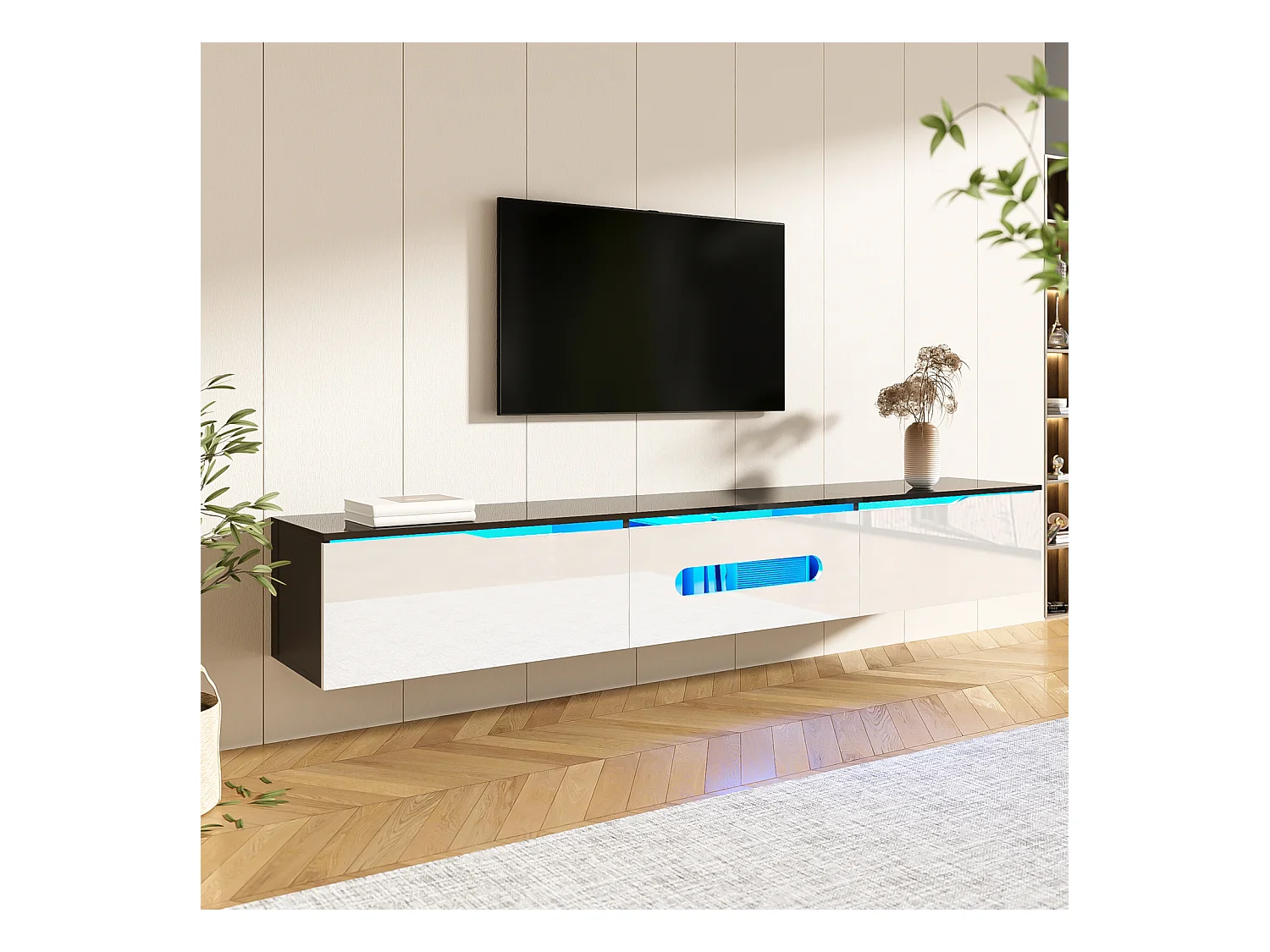 Meuble TV Bas avec LED, avec 3 Cabinets, Suspendu ou au Sol, pour Salon,180 x30x30cm, Blanc Brillant