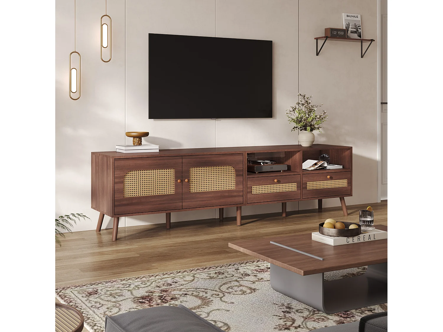 Rotan tv-meubel met 2 lades, 2 deuren, houten tv-meubel, voor tv's tot 80 inch, 200 x 37 x 49 cm