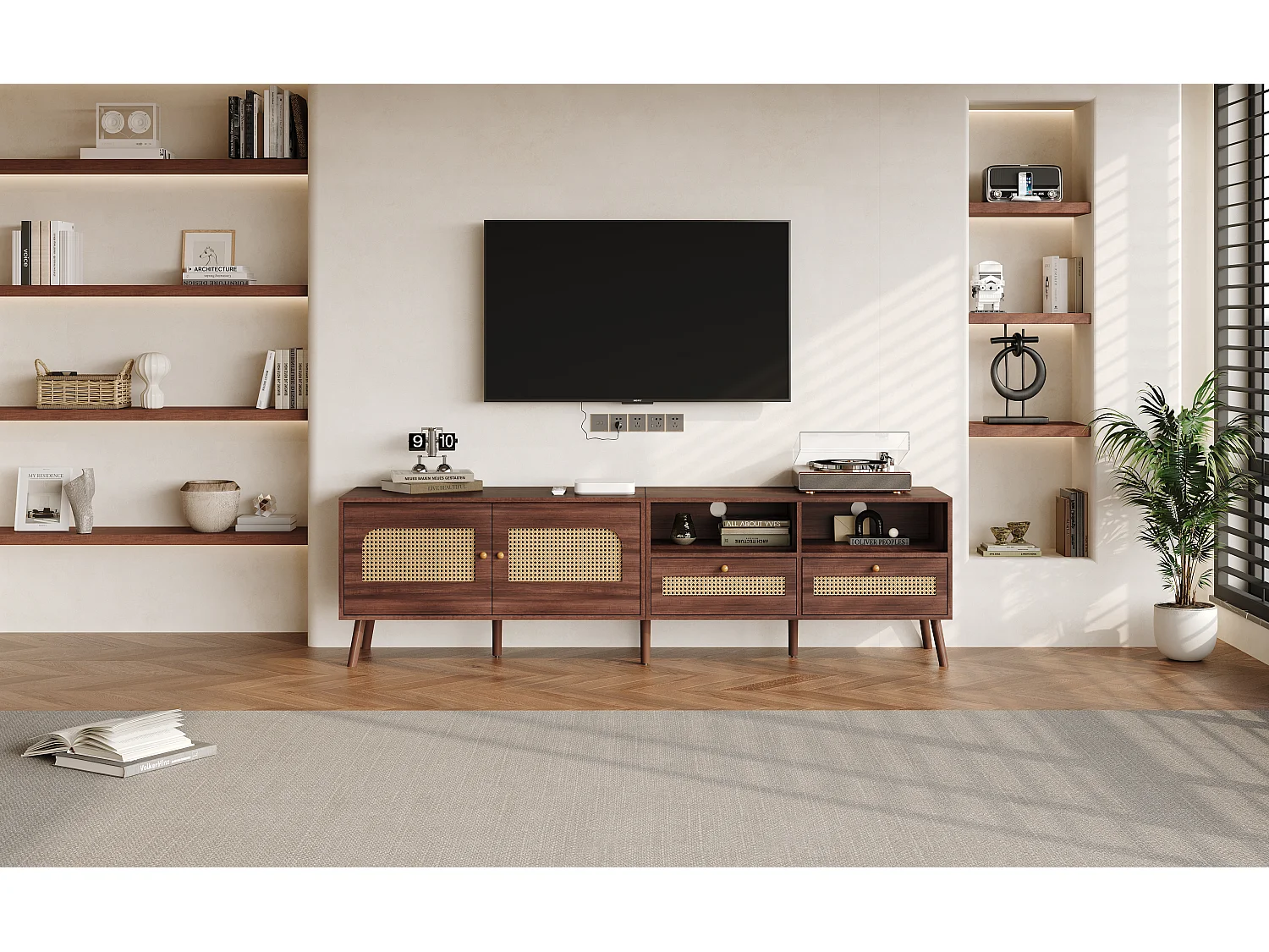 Rotan tv-meubel met 2 lades, 2 deuren, houten tv-meubel, voor tv's tot 80 inch, 200 x 37 x 49 cm