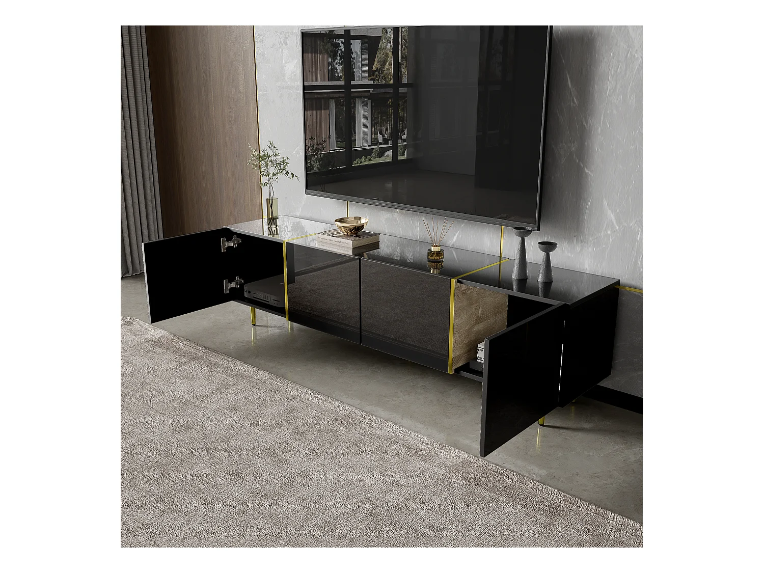 Meuble TV Noir, Banc TV avec 4 Portes, Meuble Télé de Salon avec Lignes Dorées, 170x35x46cm