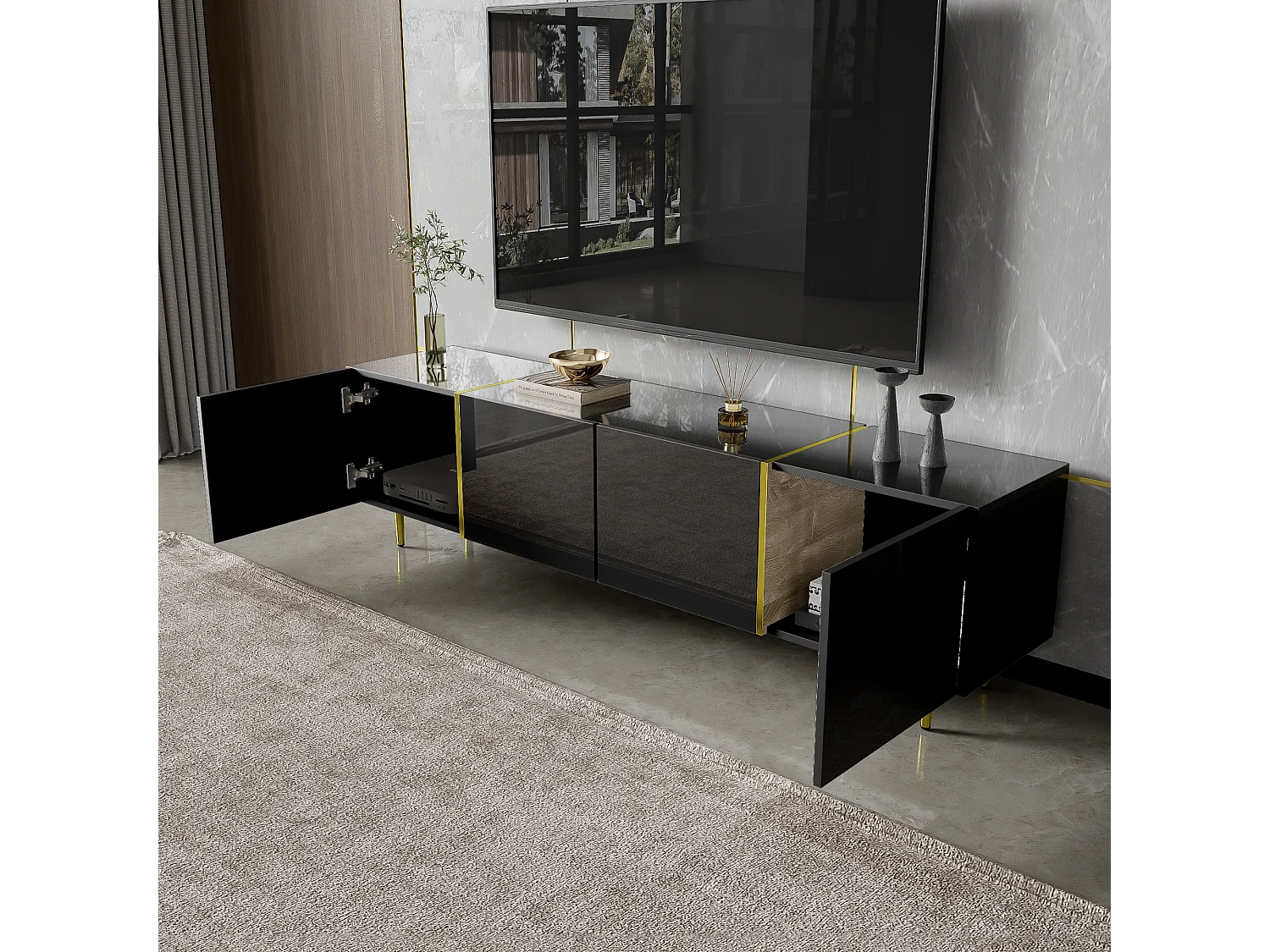 Meuble TV Noir, Banc TV avec 4 Portes, Meuble Télé de Salon avec Lignes Dorées, 170x35x46cm