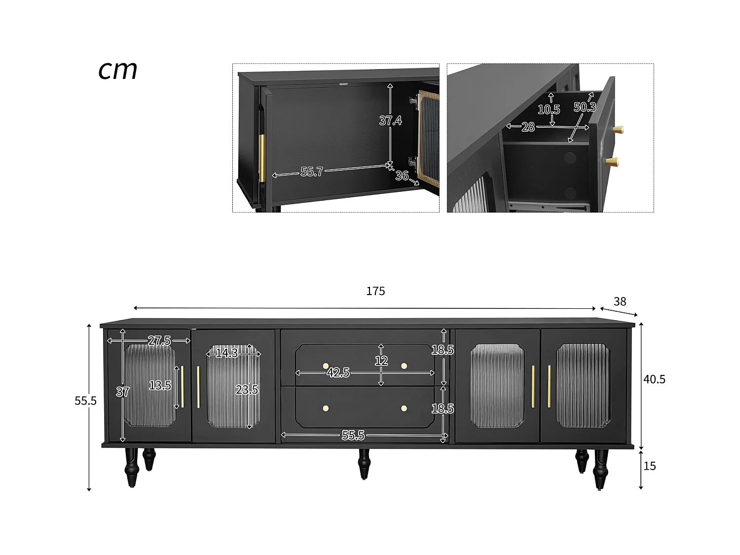 Móvel de TV baixo estilo retro com 6 compartimentos de armazenamento, pés de madeira maciça, preto