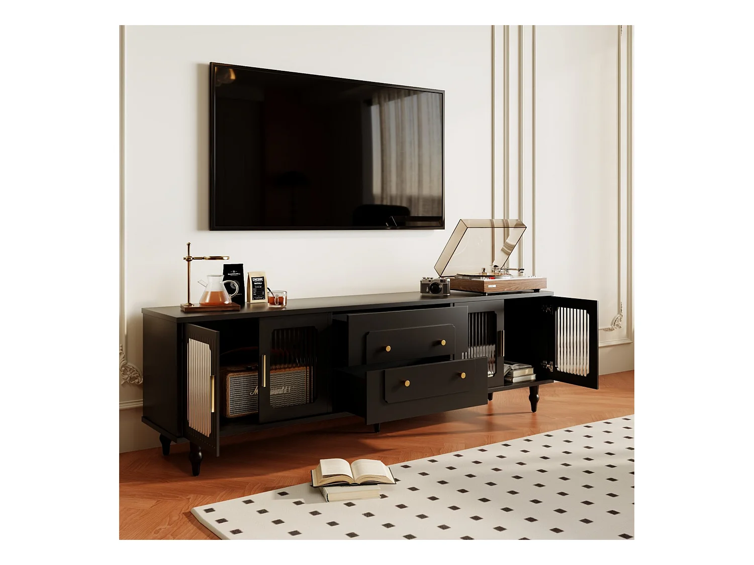 Móvel de TV baixo estilo retro com 6 compartimentos de armazenamento, pés de madeira maciça, preto