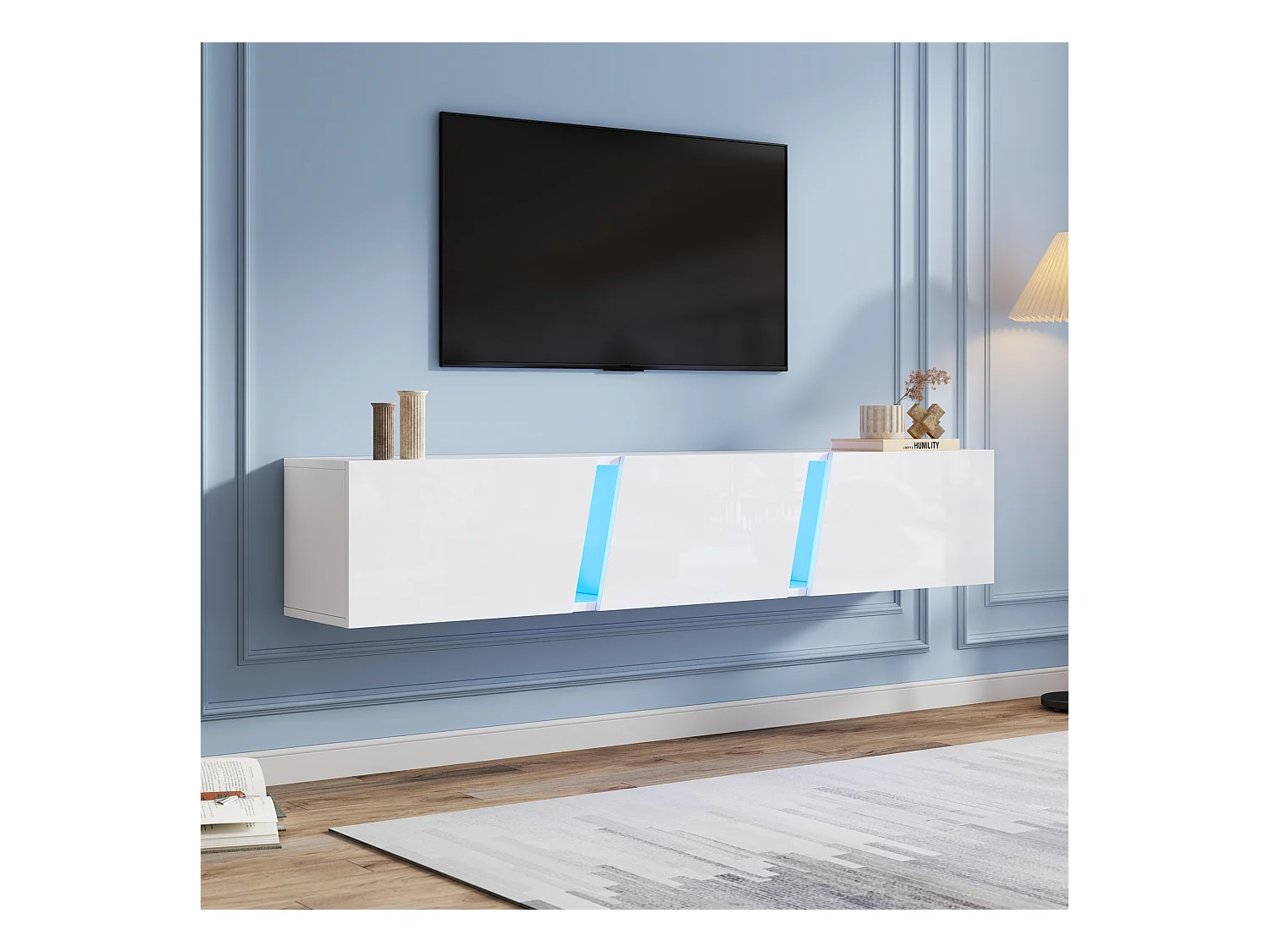 Mueble TV de pared con LED, 3 puertas, apto para TV de 75 pulgadas, 180x35x30cm, blanco brillo