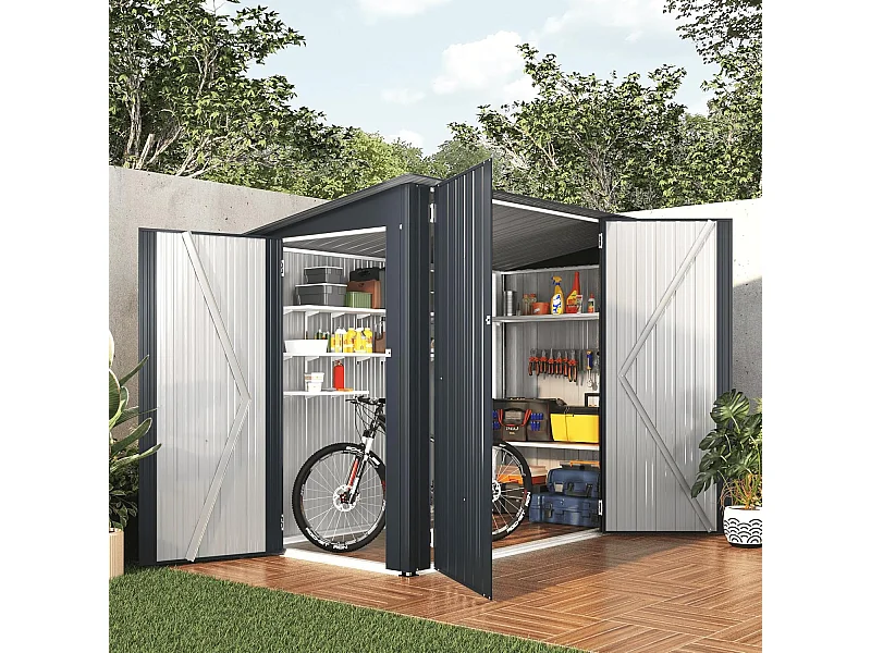 YODOLLA Metall-Fahrradlagerschuppen 3Türen mit Schloss,238x118x170cmGerätehaus abschließbares Schuppen,außen wasserdichtes Stahlwerkzeuglager für Garten,Dunkelgrau