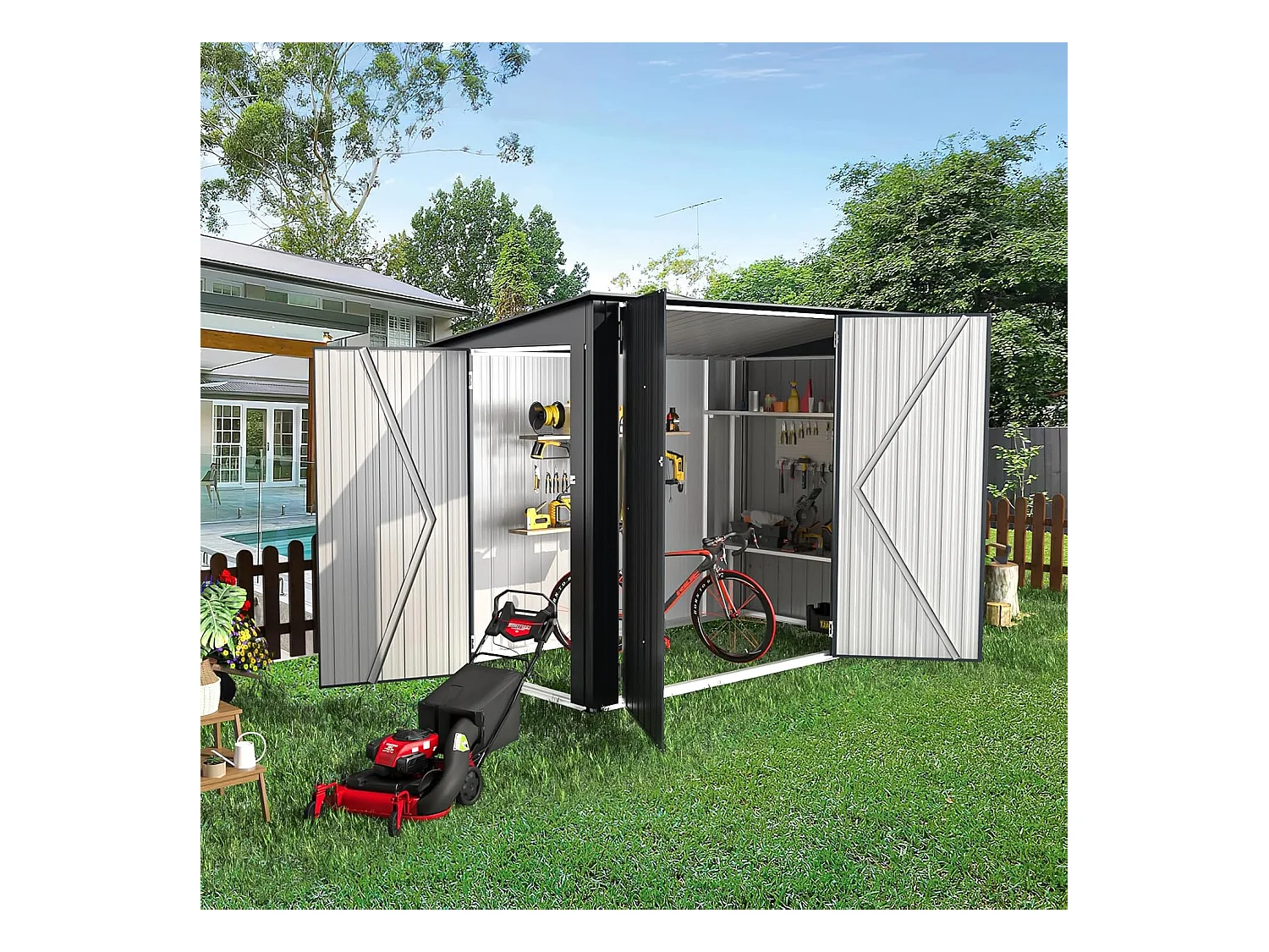 YODOLLA Metall-Fahrradlagerschuppen 3Türen mit Schloss,238x118x170cmGerätehaus abschließbares Schuppen,außen wasserdichtes Stahlwerkzeuglager für Garten,Dunkelgrau