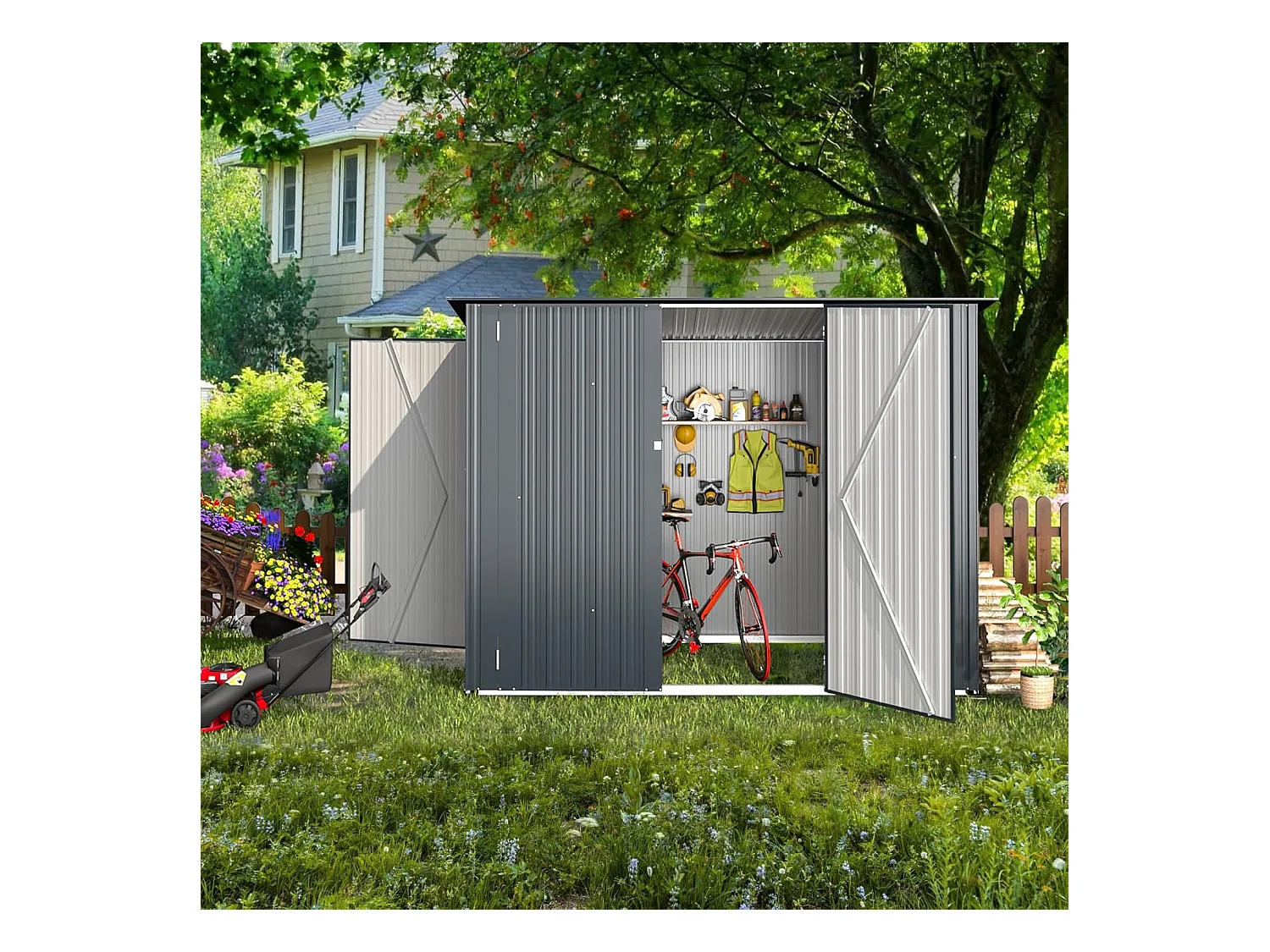 YODOLLA Metall-Fahrradlagerschuppen 3Türen mit Schloss,238x118x170cmGerätehaus abschließbares Schuppen,außen wasserdichtes Stahlwerkzeuglager für Garten,Dunkelgrau