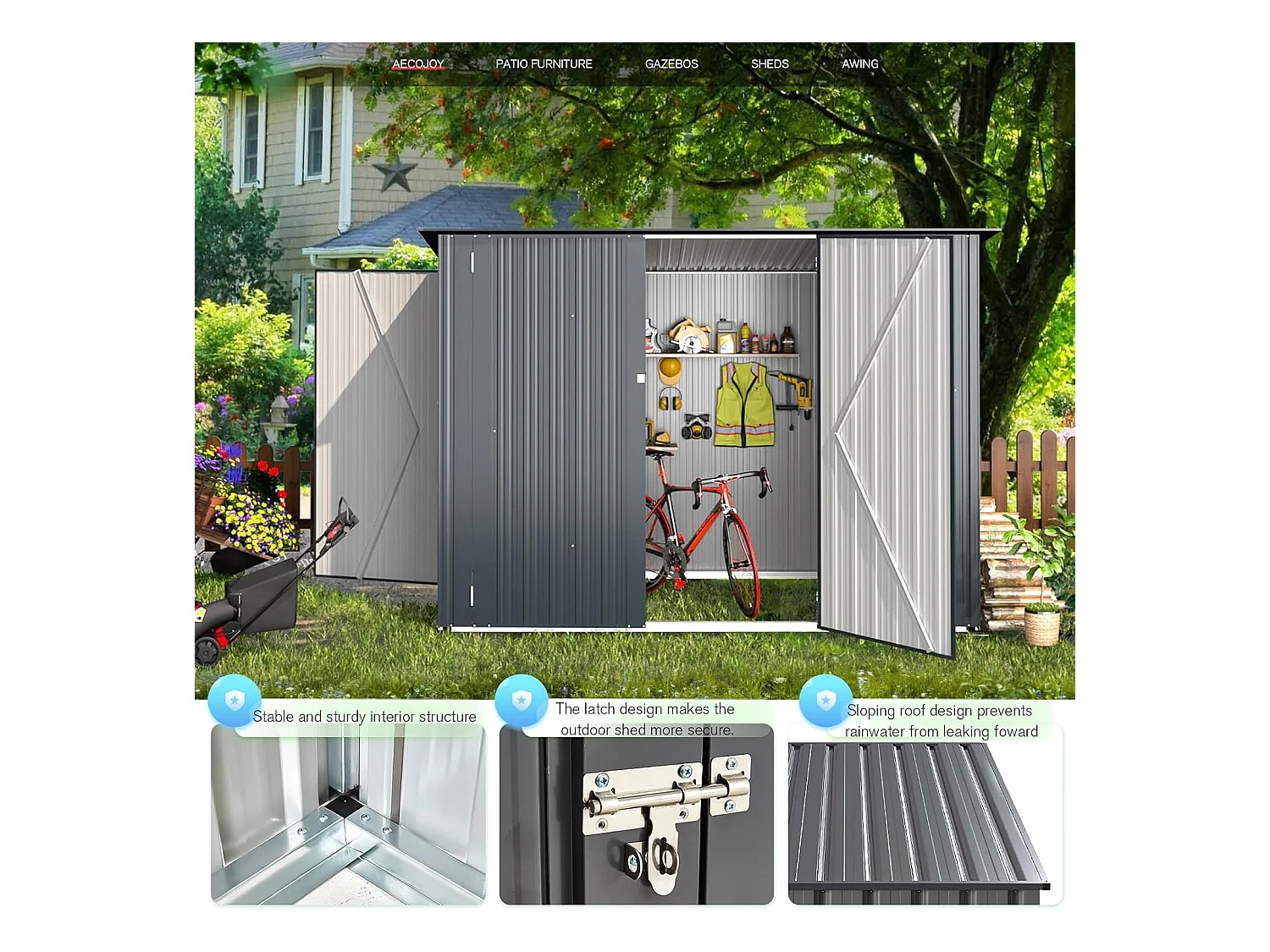 YODOLLA Metall-Fahrradlagerschuppen 3Türen mit Schloss,238x118x170cmGerätehaus abschließbares Schuppen,außen wasserdichtes Stahlwerkzeuglager für Garten,Dunkelgrau