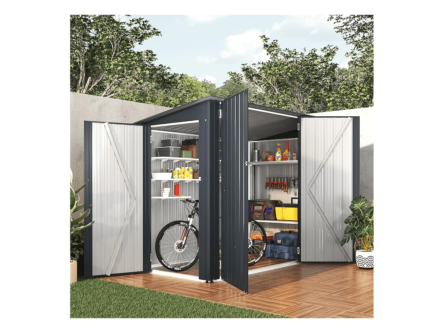YODOLLA Metall-Fahrradlagerschuppen 3Türen mit Schloss,238x118x170cmGerätehaus abschließbares Schuppen,außen wasserdichtes Stahlwerkzeuglager für Garten,Dunkelgrau
