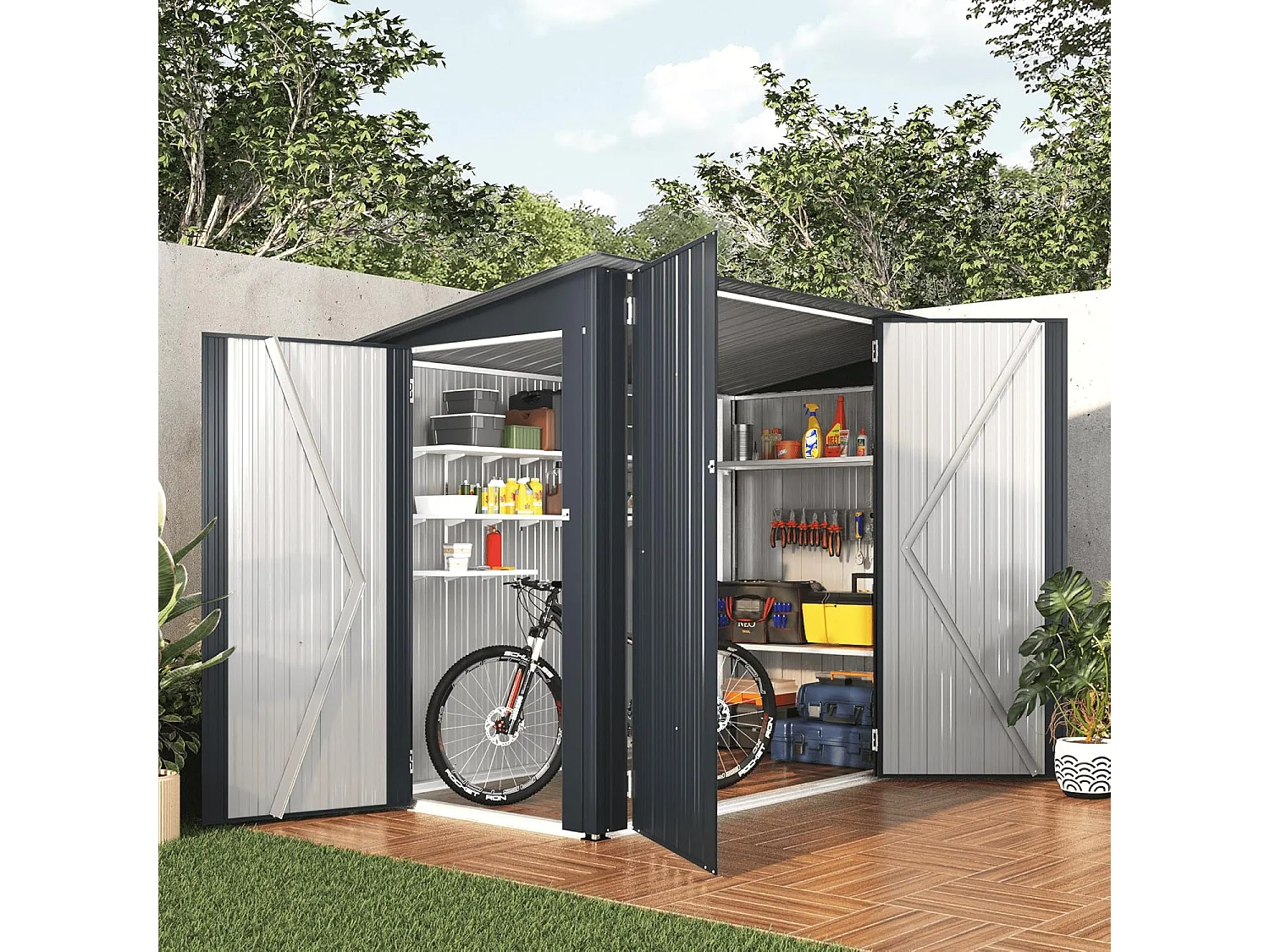 YODOLLA Metall-Fahrradlagerschuppen 3Türen mit Schloss,238x118x170cmGerätehaus abschließbares Schuppen,außen wasserdichtes Stahlwerkzeuglager für Garten,Dunkelgrau