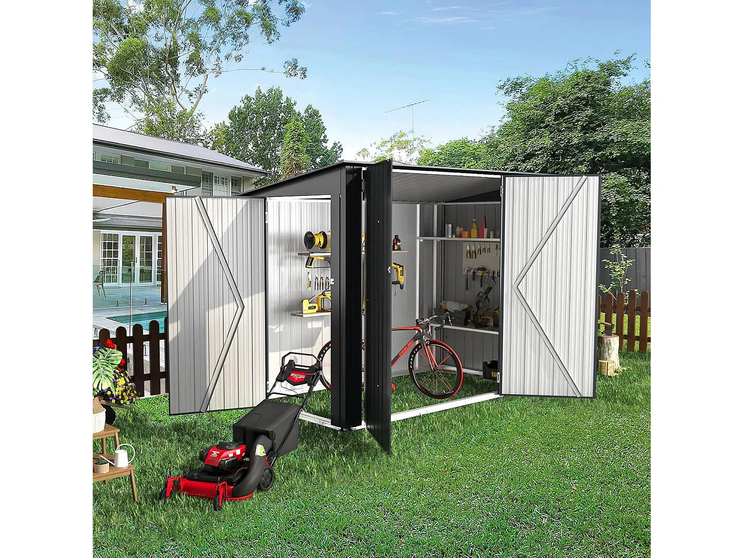 YODOLLA Metall-Fahrradlagerschuppen 3Türen mit Schloss,238x118x170cmGerätehaus abschließbares Schuppen,außen wasserdichtes Stahlwerkzeuglager für Garten,Dunkelgrau