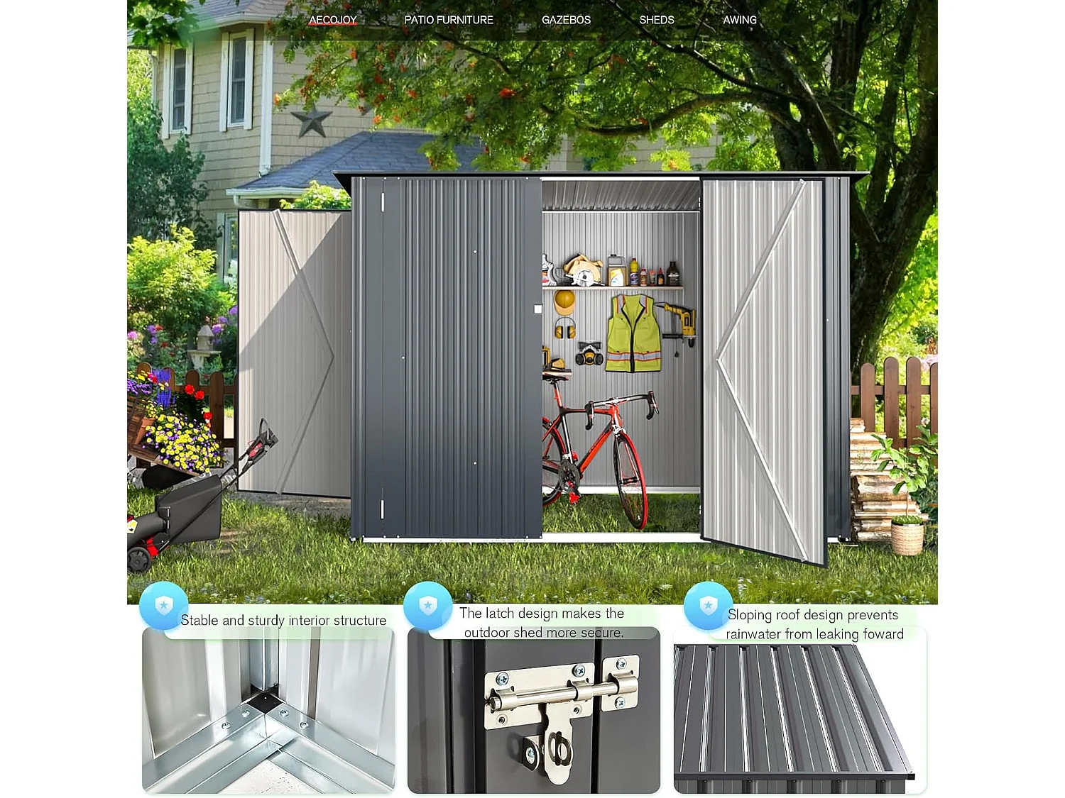 YODOLLA Metall-Fahrradlagerschuppen 3Türen mit Schloss,238x118x170cmGerätehaus abschließbares Schuppen,außen wasserdichtes Stahlwerkzeuglager für Garten,Dunkelgrau