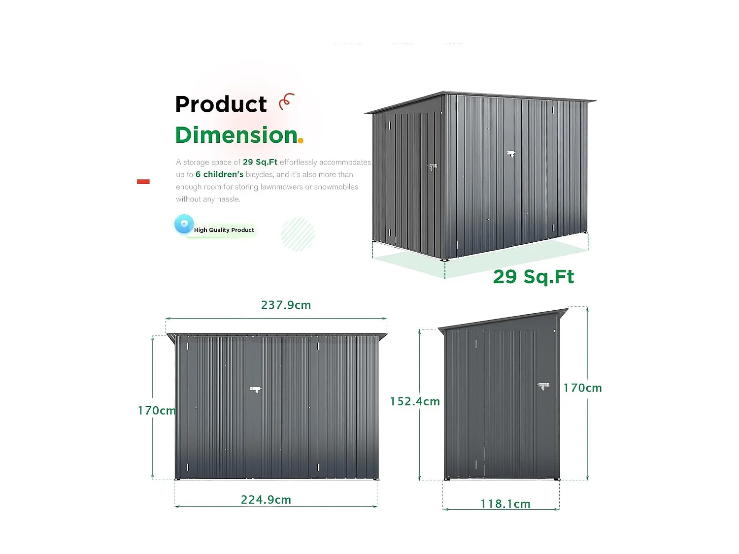 YODOLLA Metall-Fahrradlagerschuppen 3Türen mit Schloss,238x118x170cmGerätehaus abschließbares Schuppen,außen wasserdichtes Stahlwerkzeuglager für Garten,Dunkelgrau