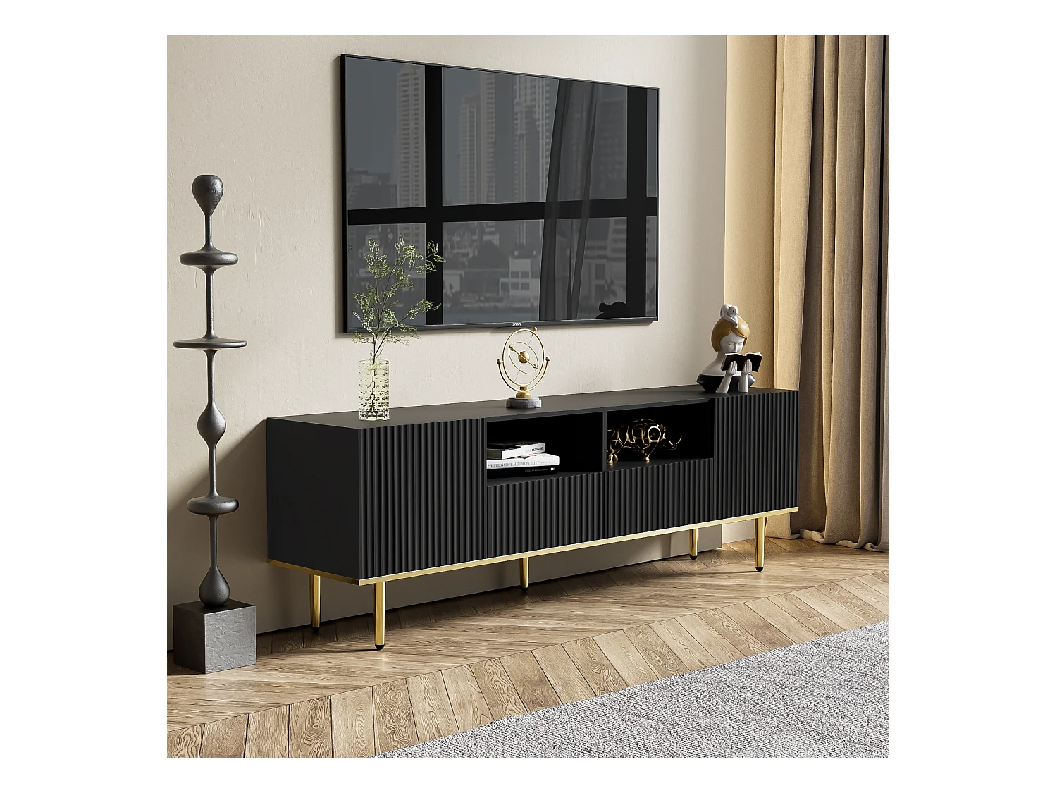 Mueble de TV bajo con 2 cajones y 2 puertas, espacio de almacenamiento con patas y borde dorados, mueble de TV negro