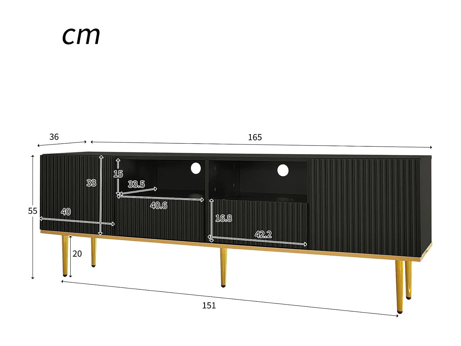 Móvel de TV 165x36x55cm com armazenamento, 2 portas e 2 gavetas, Móvel de TV baixo, Pés dourados, Preto